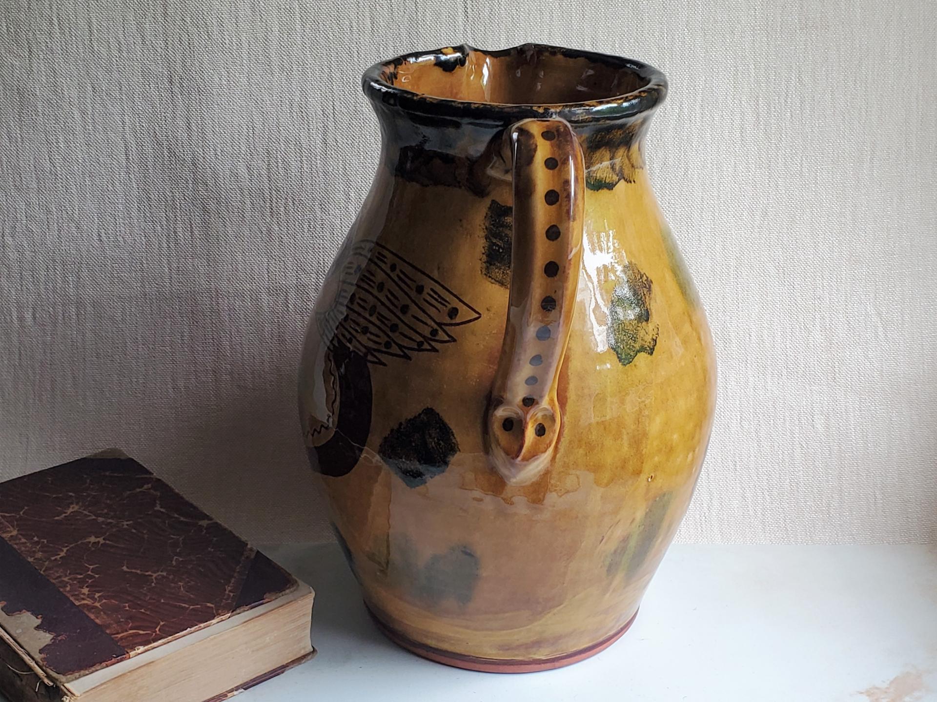 Large Redware Pitcher, Angel with Wings Sgraffito Motif