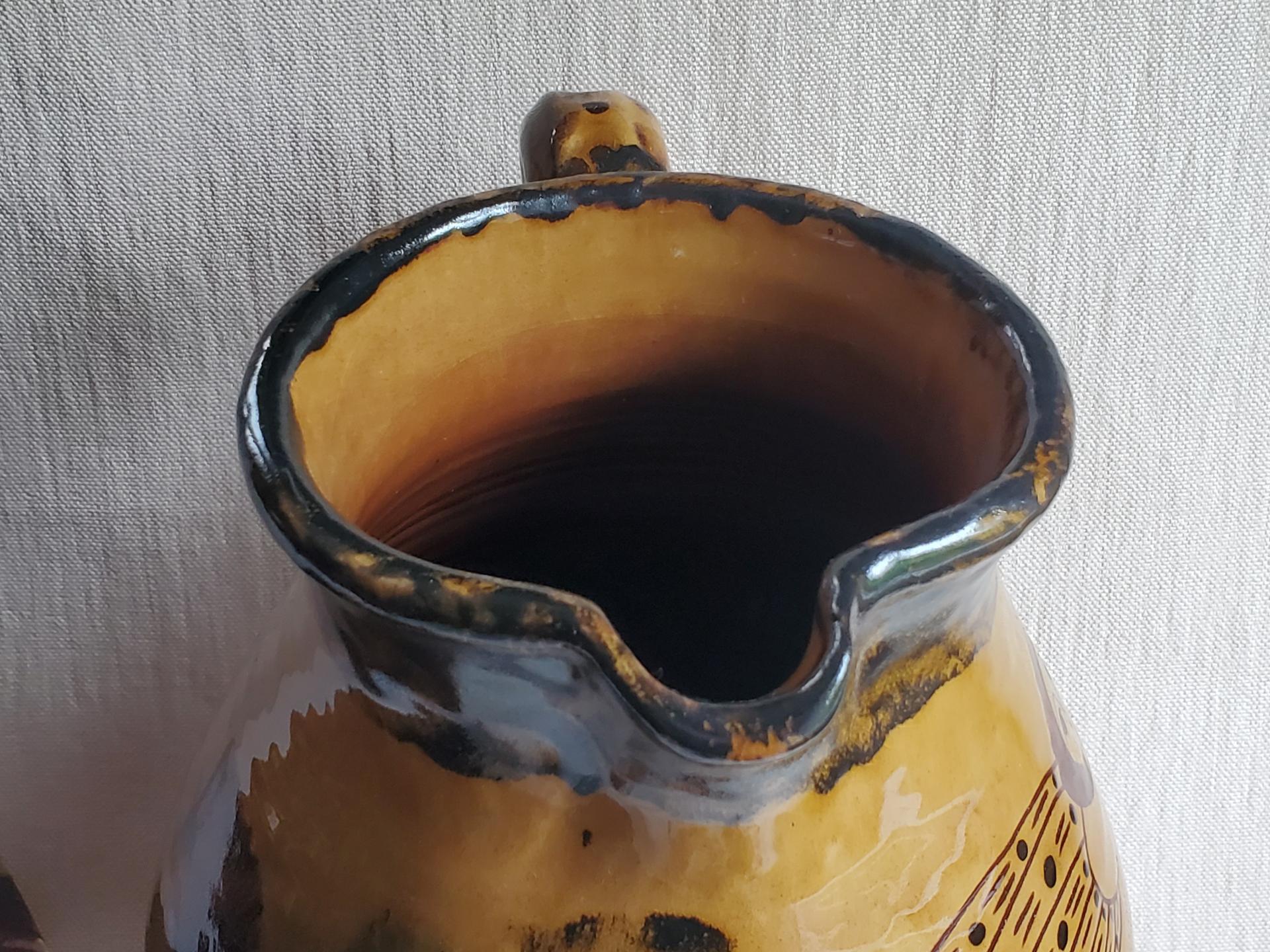Large Redware Pitcher, Angel with Wings Sgraffito Motif