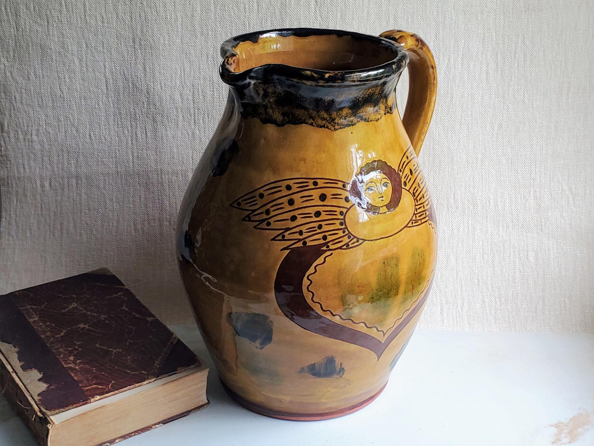 Large Redware Pitcher, Angel with Wings Sgraffito Motif