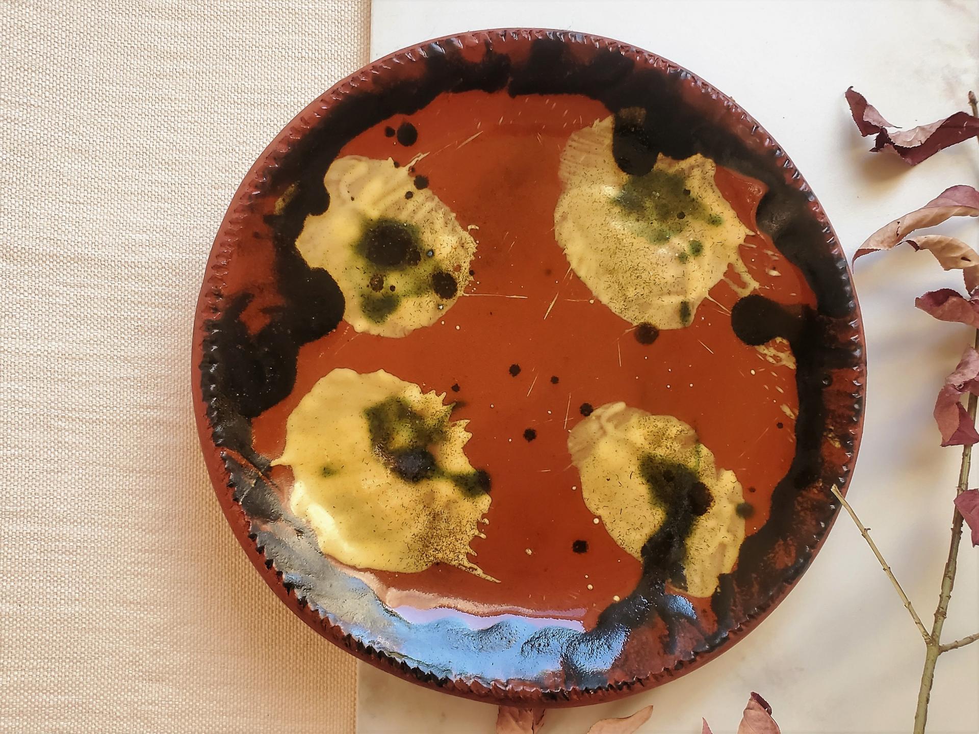 Redware 9 in. Plate with Spangles and Daubs