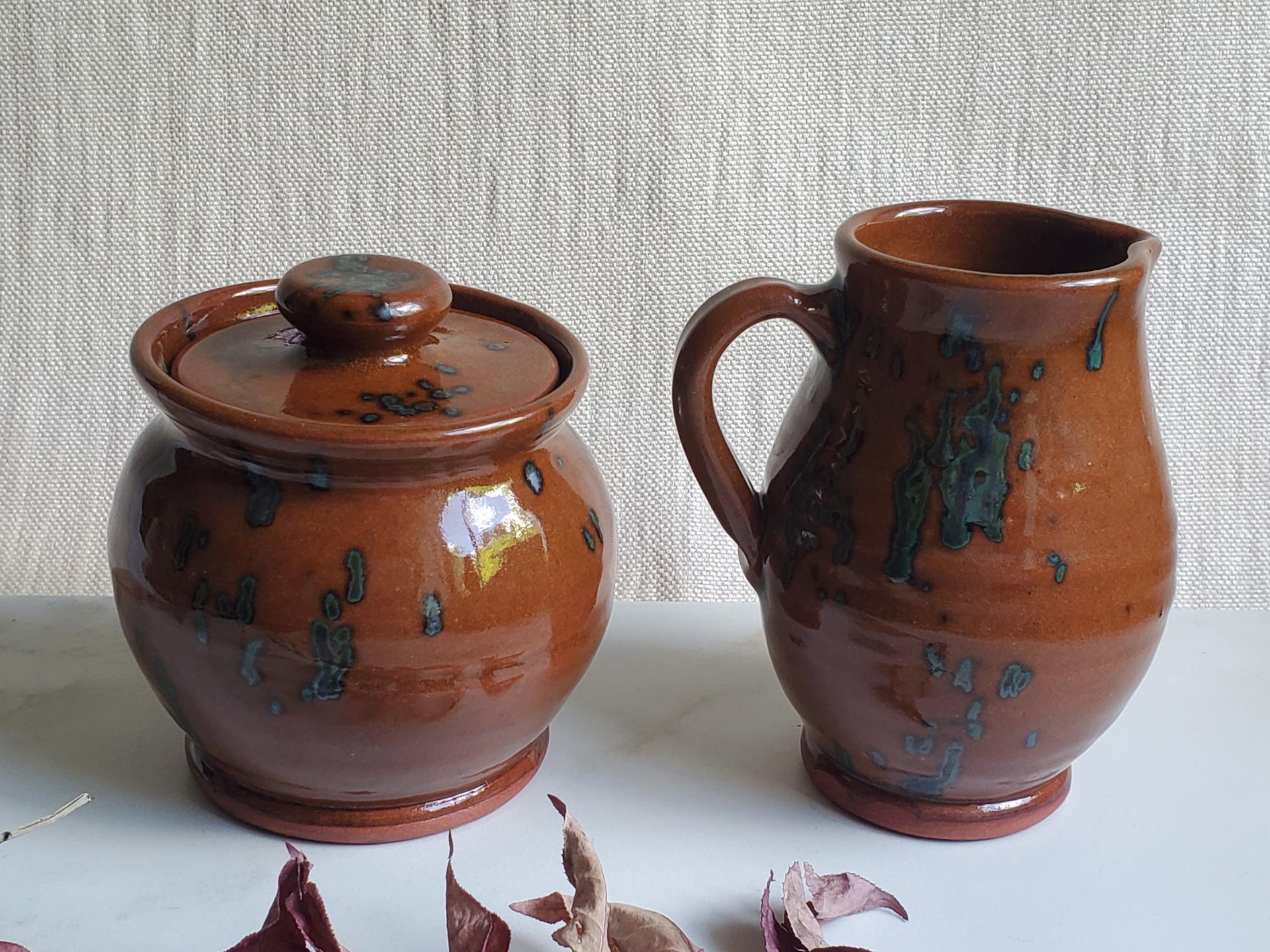 Redware Sugar and Creamer Set with Spangles and Lead Free Glaze (a)