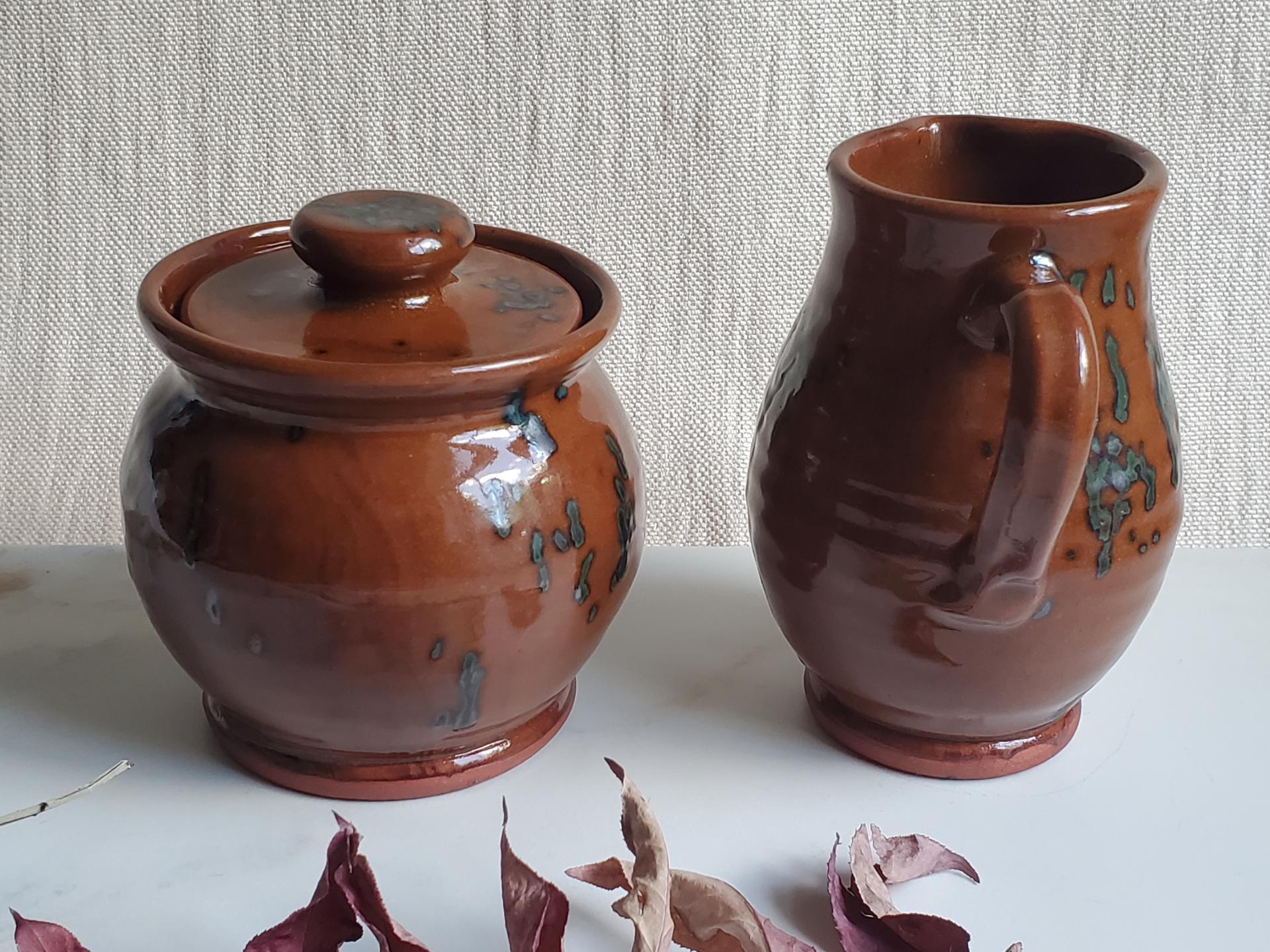 Redware Sugar and Creamer Set with Spangles and Lead Free Glaze (a)
