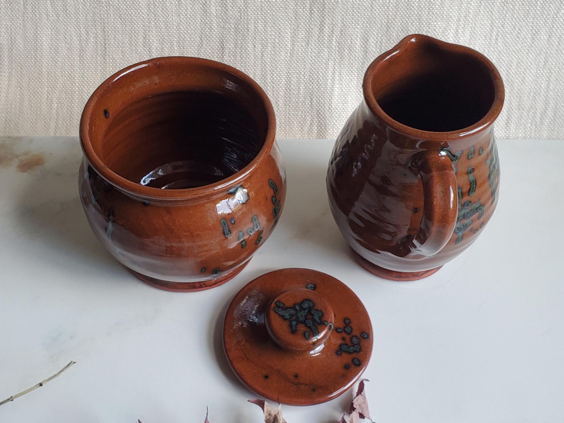 Redware Sugar and Creamer Set with Spangles and Lead Free Glaze (a)