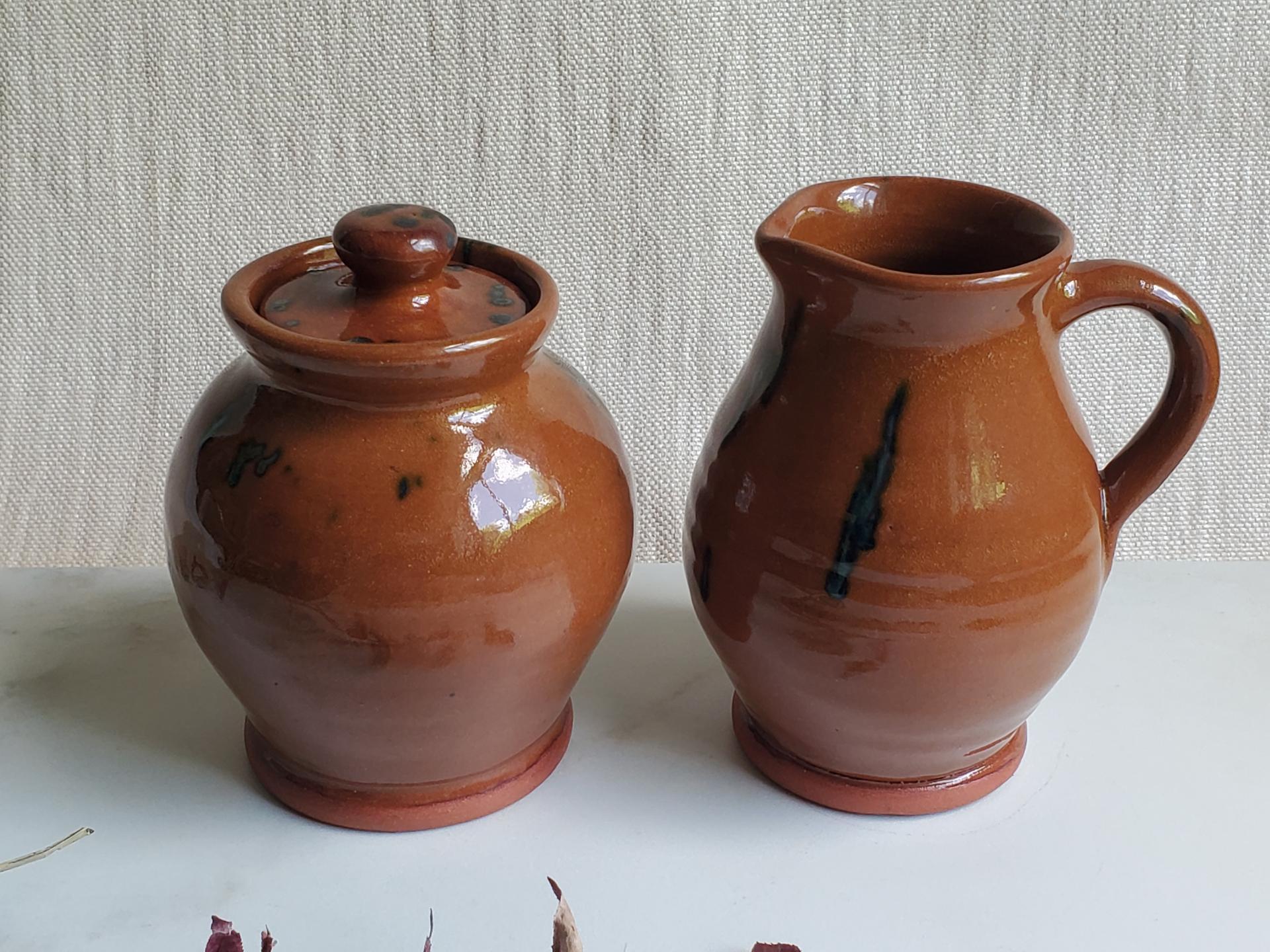 Redware Sugar and Creamer Set with Spangles and Lead Free Glaze (b)