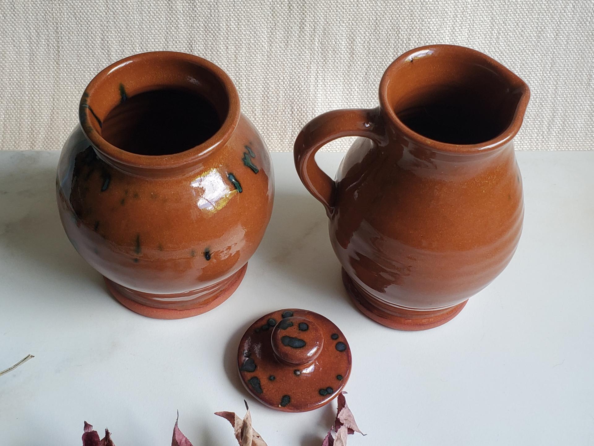 Redware Sugar and Creamer Set with Spangles and Lead Free Glaze (b)