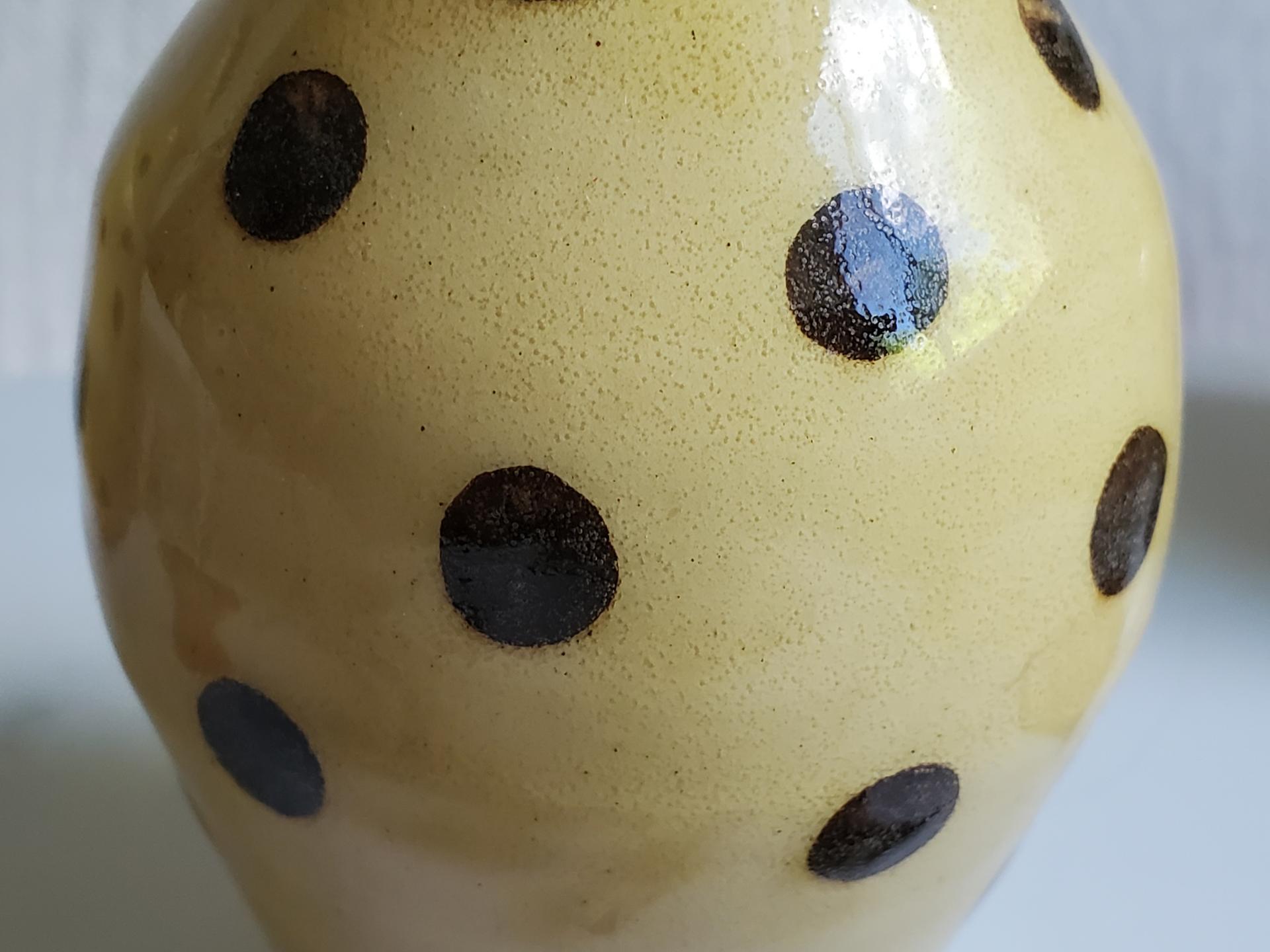 Redware Ovoid Bottle with Black Dots and Lead-Free Glaze