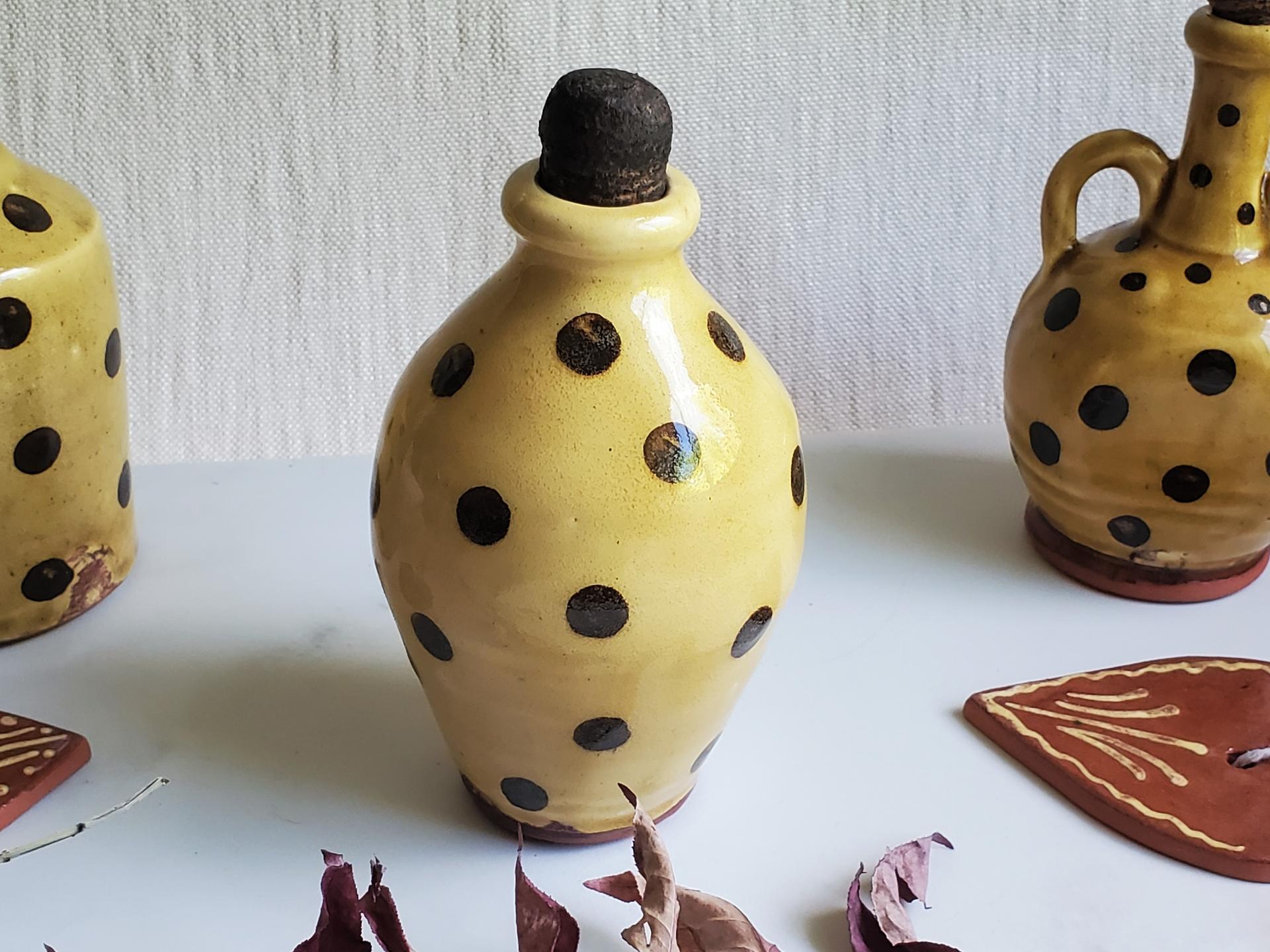 Redware Ovoid Bottle with Black Dots and Lead-Free Glaze