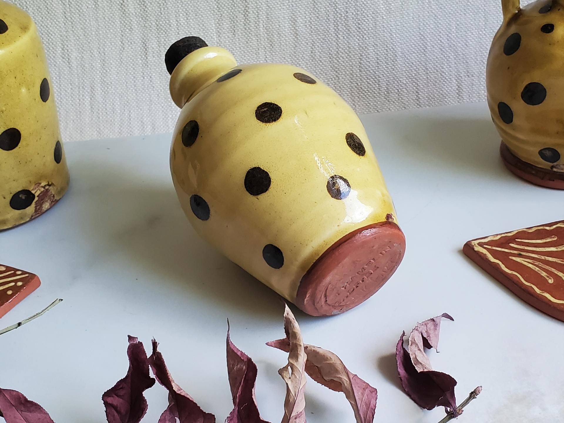Redware Ovoid Bottle with Black Dots and Lead-Free Glaze