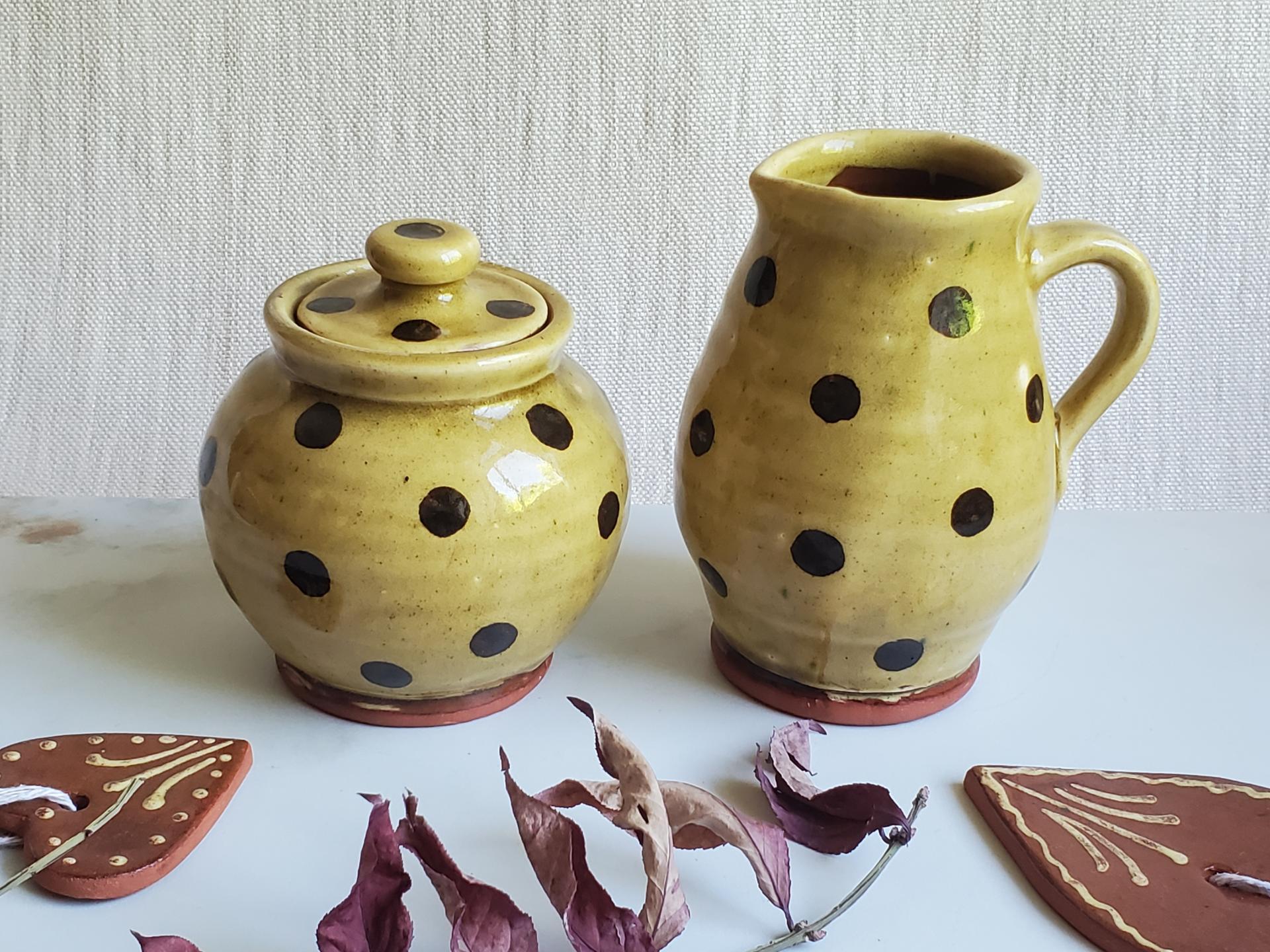 Redware Sugar and Creamer Set with Black Dots and Lead Free Glaze