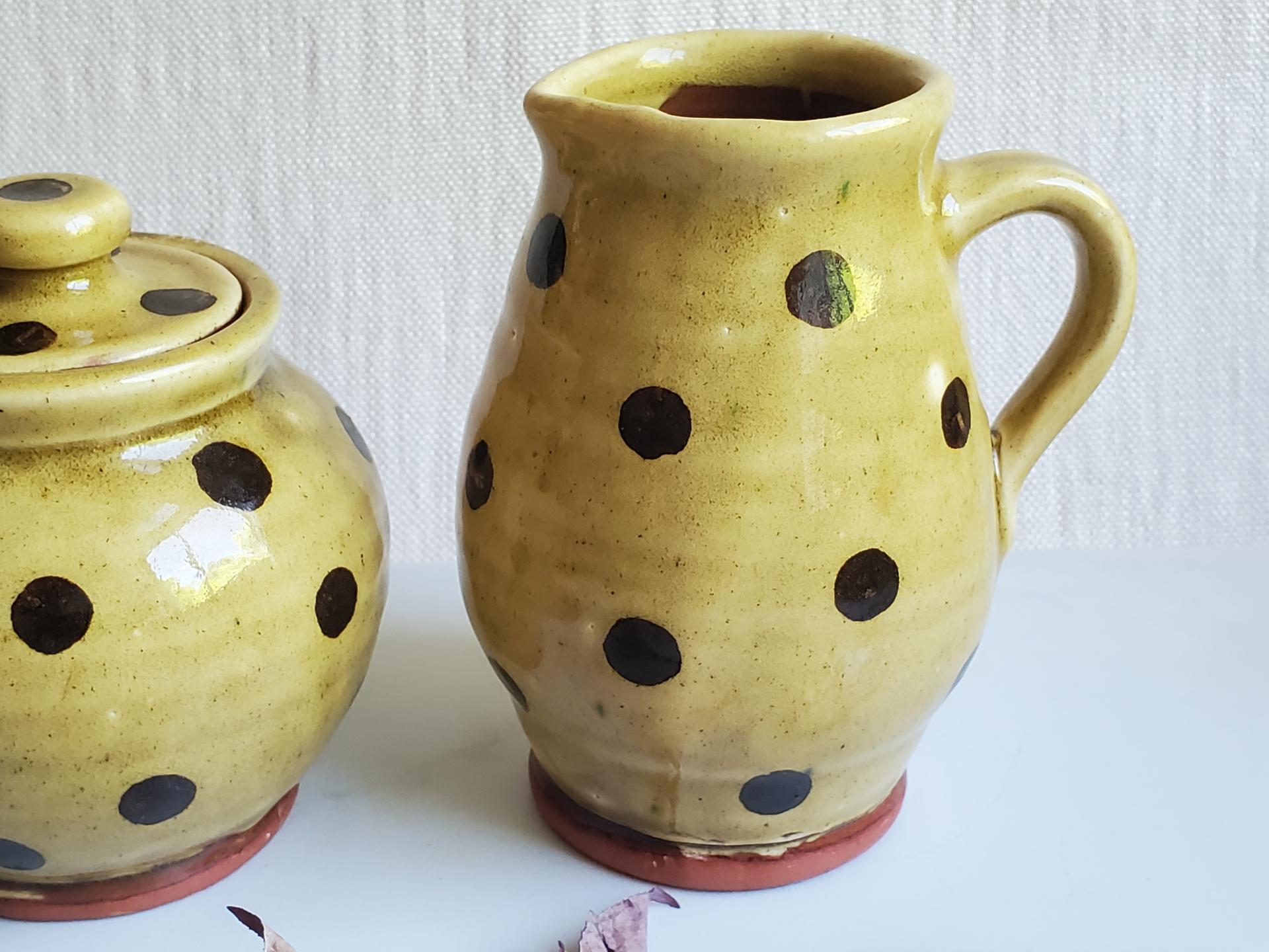 Redware Sugar and Creamer Set with Black Dots and Lead Free Glaze