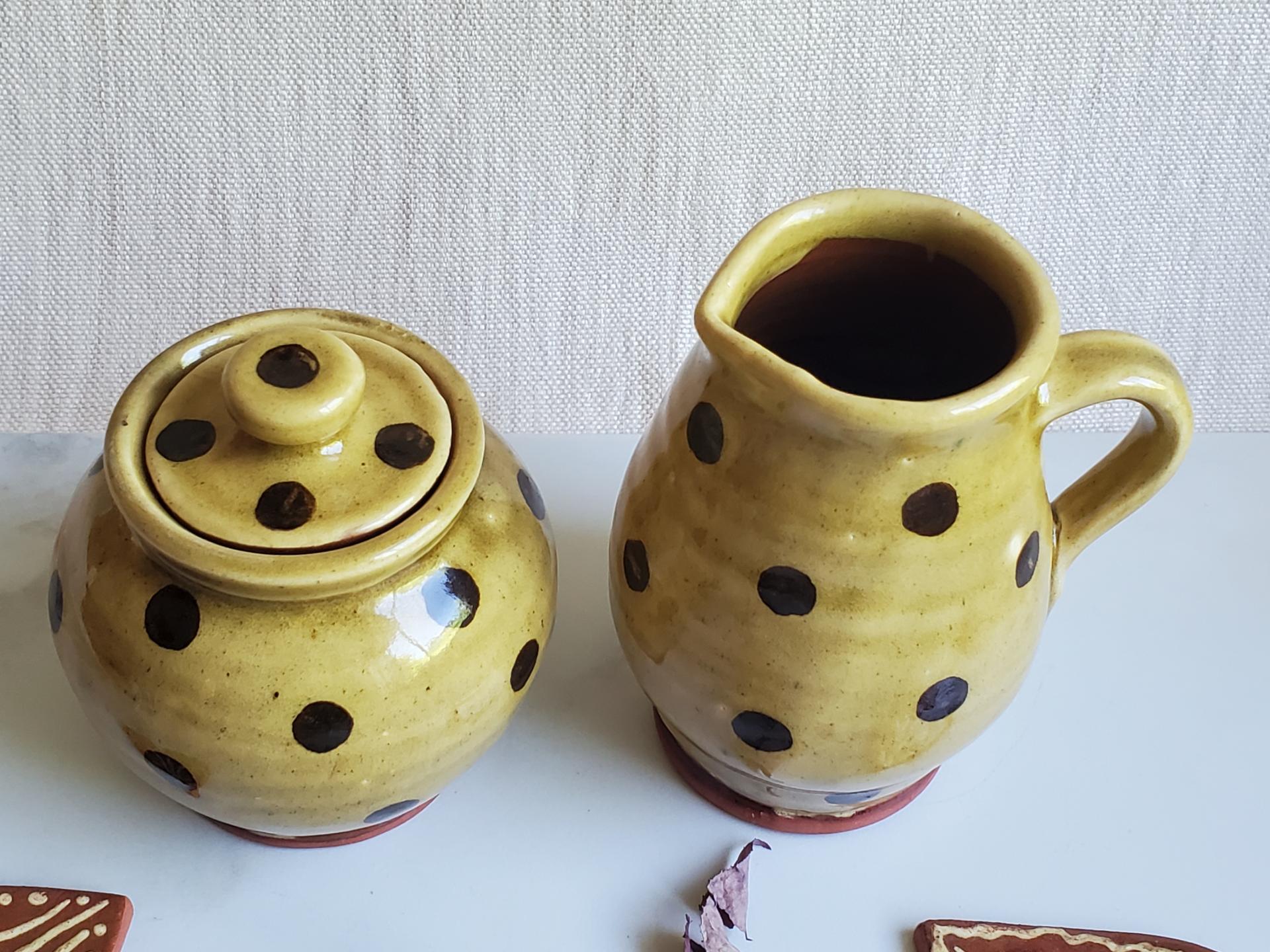 Redware Sugar and Creamer Set with Black Dots and Lead Free Glaze
