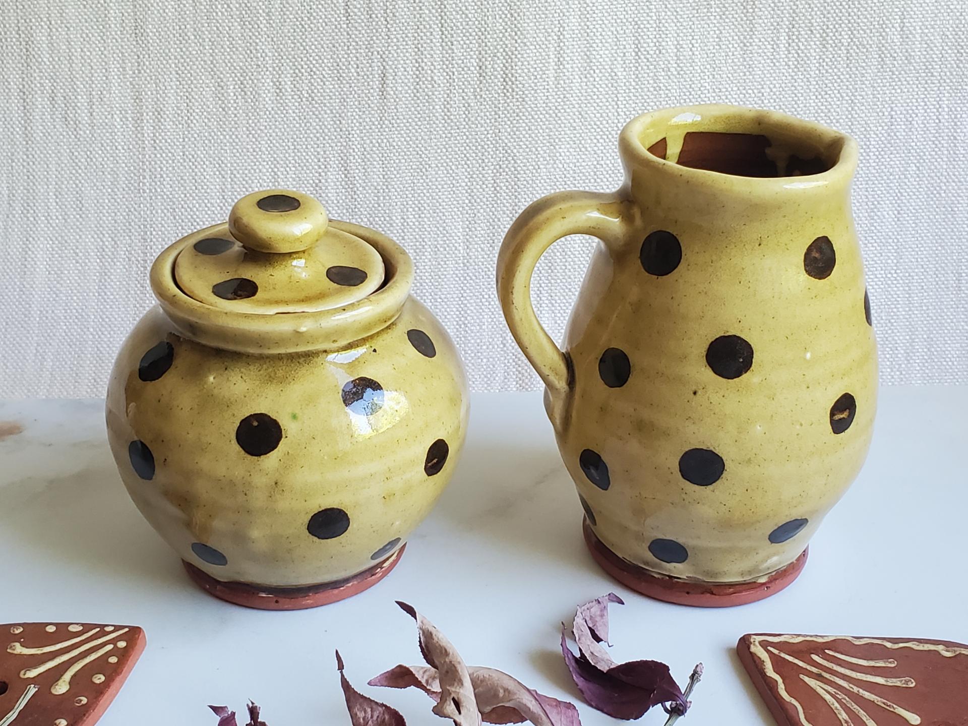 Redware Sugar and Creamer Set with Black Dots and Lead Free Glaze