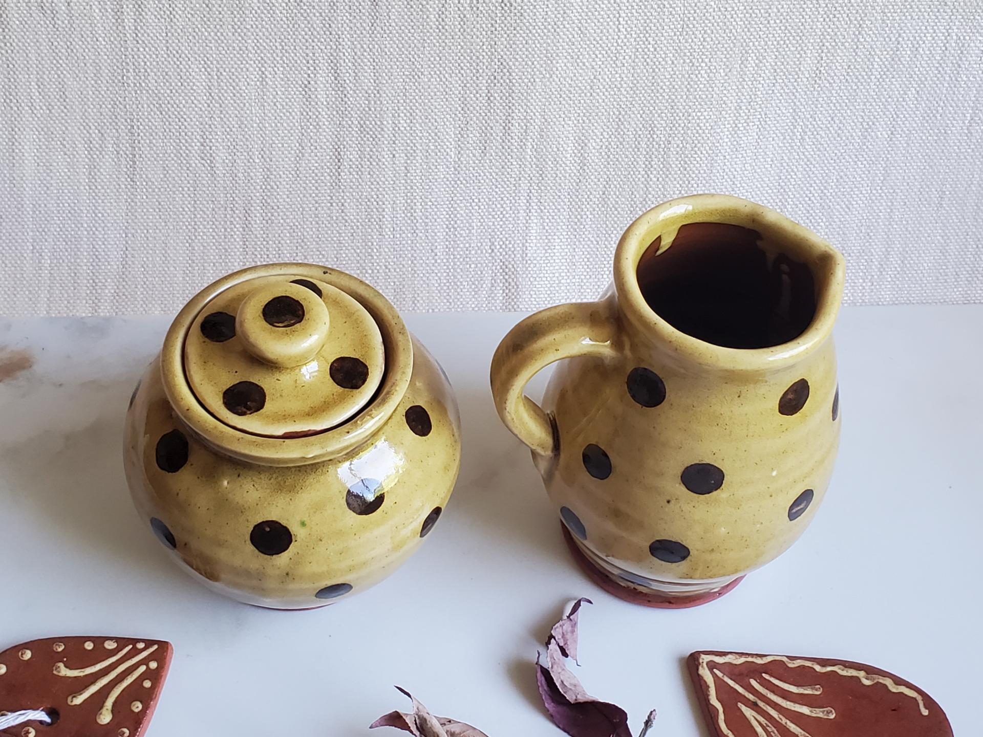 Redware Sugar and Creamer Set with Black Dots and Lead Free Glaze