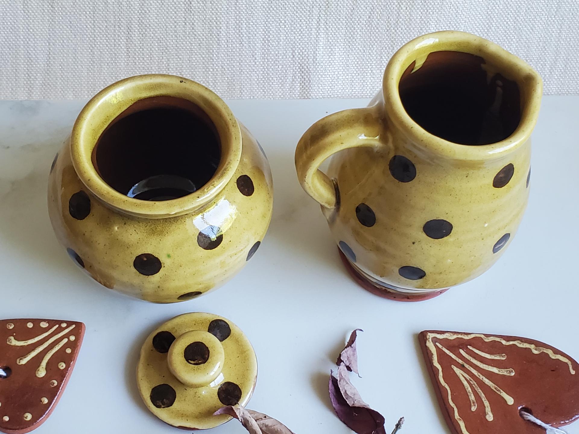 Redware Sugar and Creamer Set with Black Dots and Lead Free Glaze