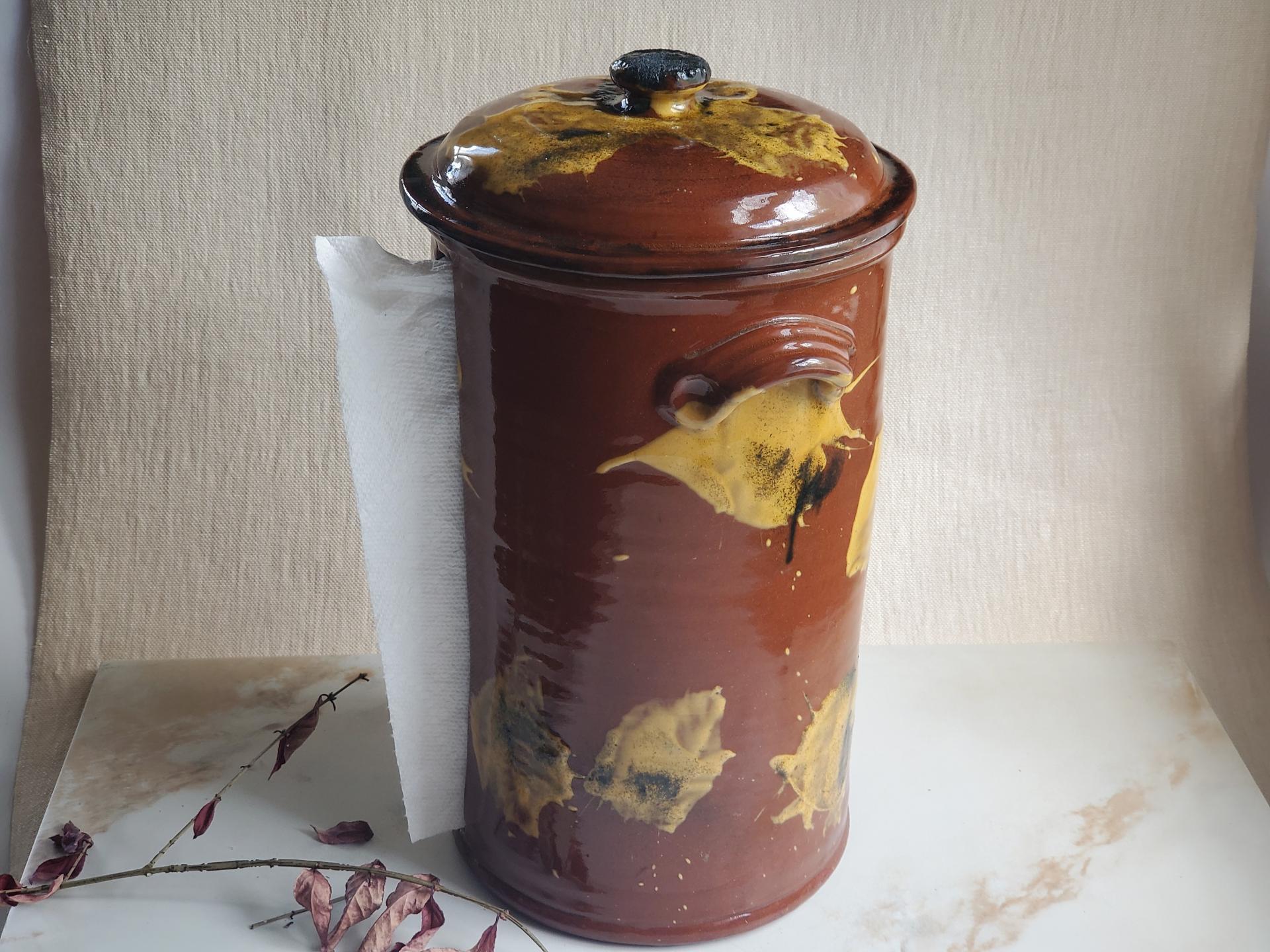 Redware Paper Towel Holder with Spangles and Daubs and Lead Free Glaze