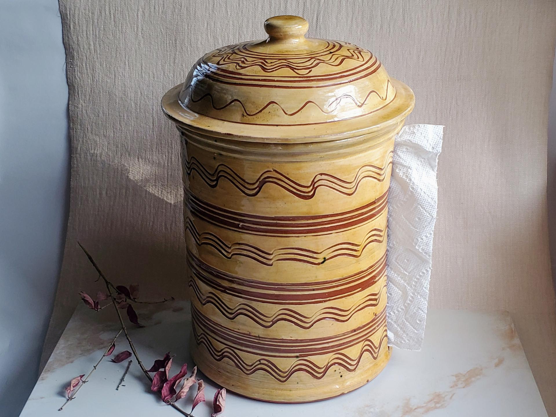 Large Redware Paper Towel Holder with Sgraffito Pattern