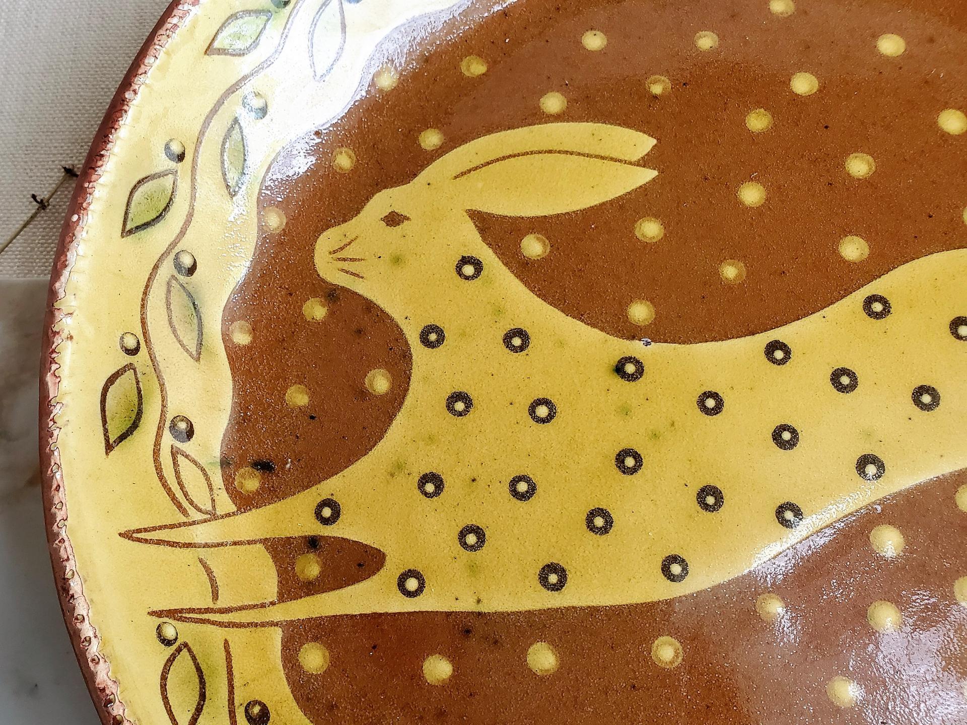 Custom Order Kulina Folk Art Redware Platter/Charger, Leaping Hare Motif