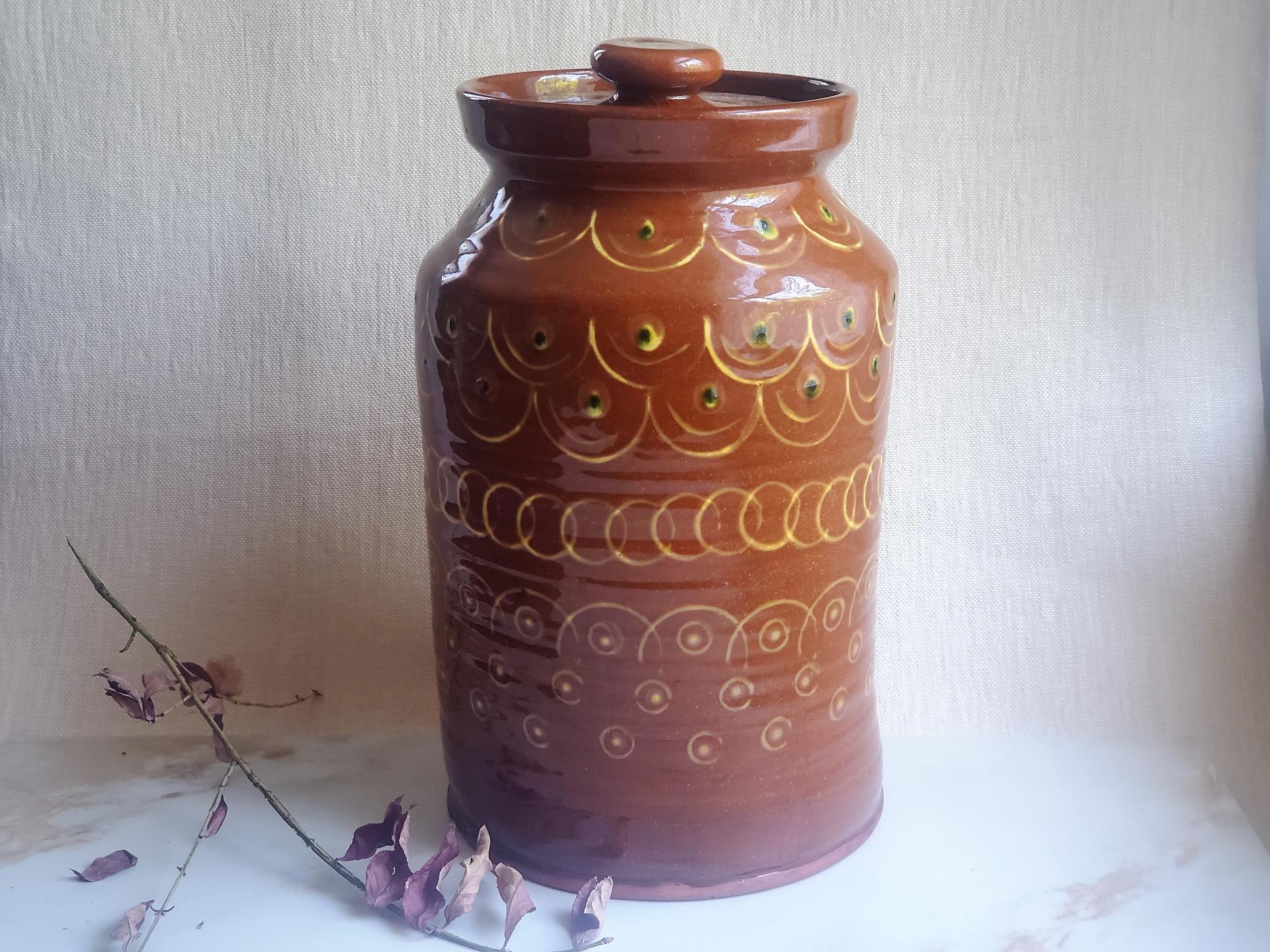 Redware 13 inch Jar with Stamped Pattern and Lead Free Glaze