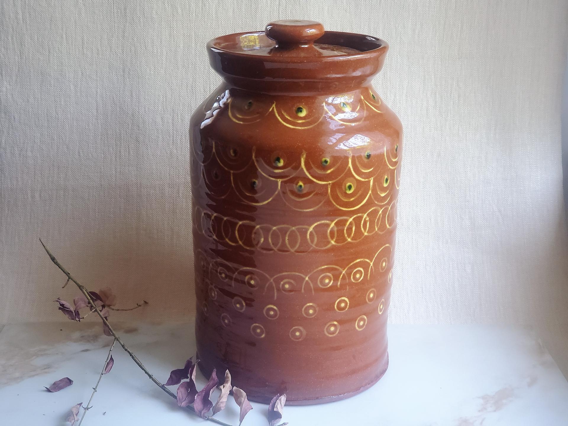 Redware 13 inch Jar with Stamped Pattern and Lead Free Glaze