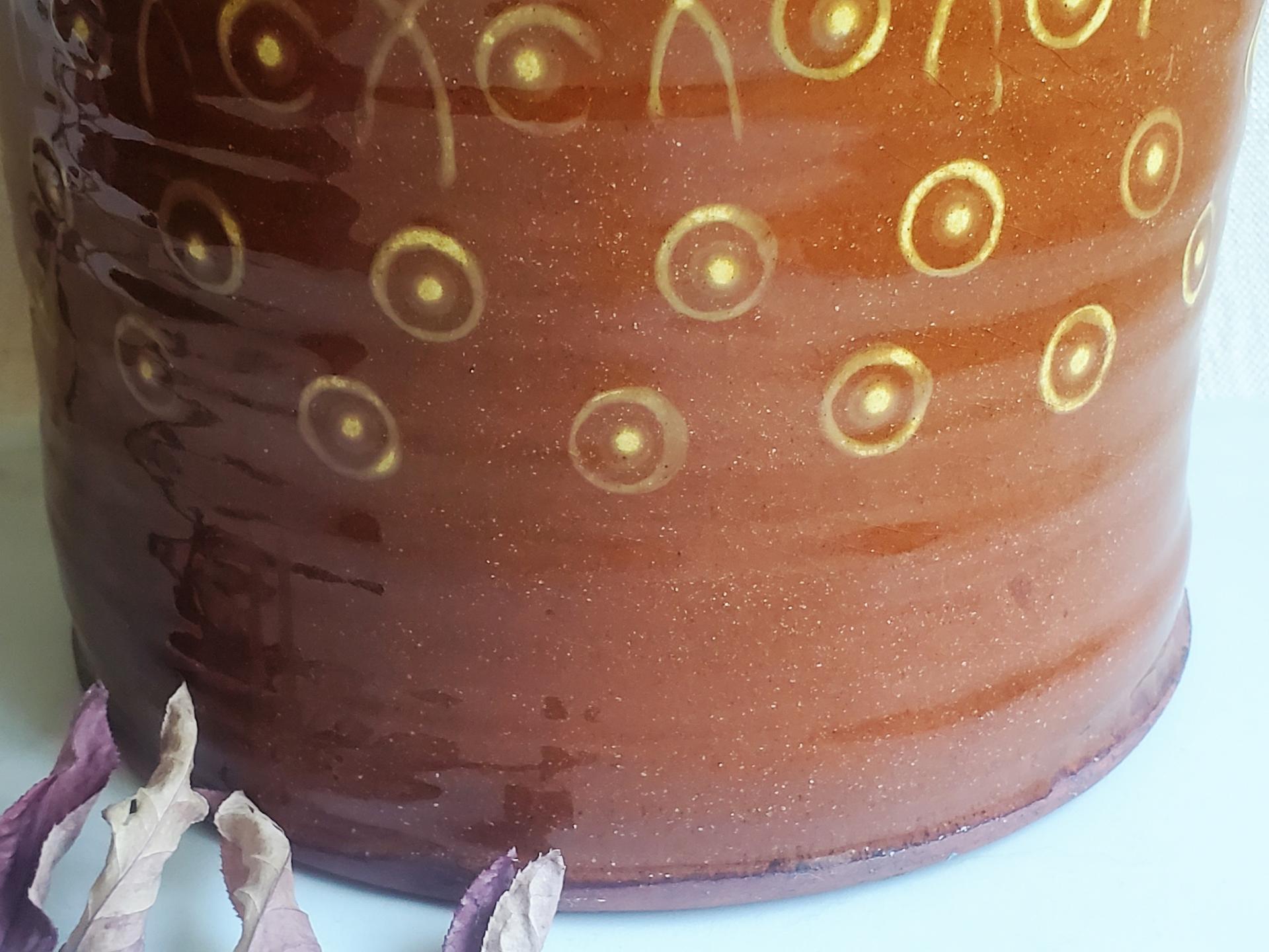 Redware 13 inch Jar with Stamped Pattern and Lead Free Glaze