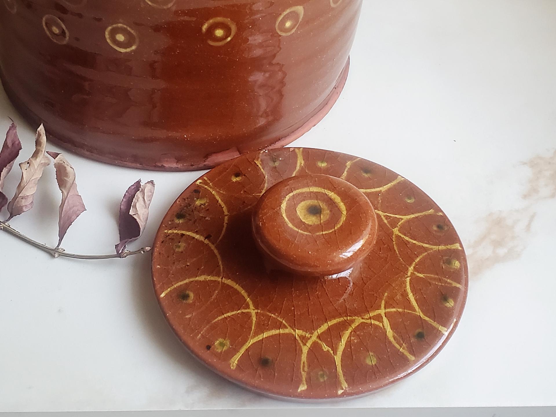 Redware 13 inch Jar with Stamped Pattern and Lead Free Glaze