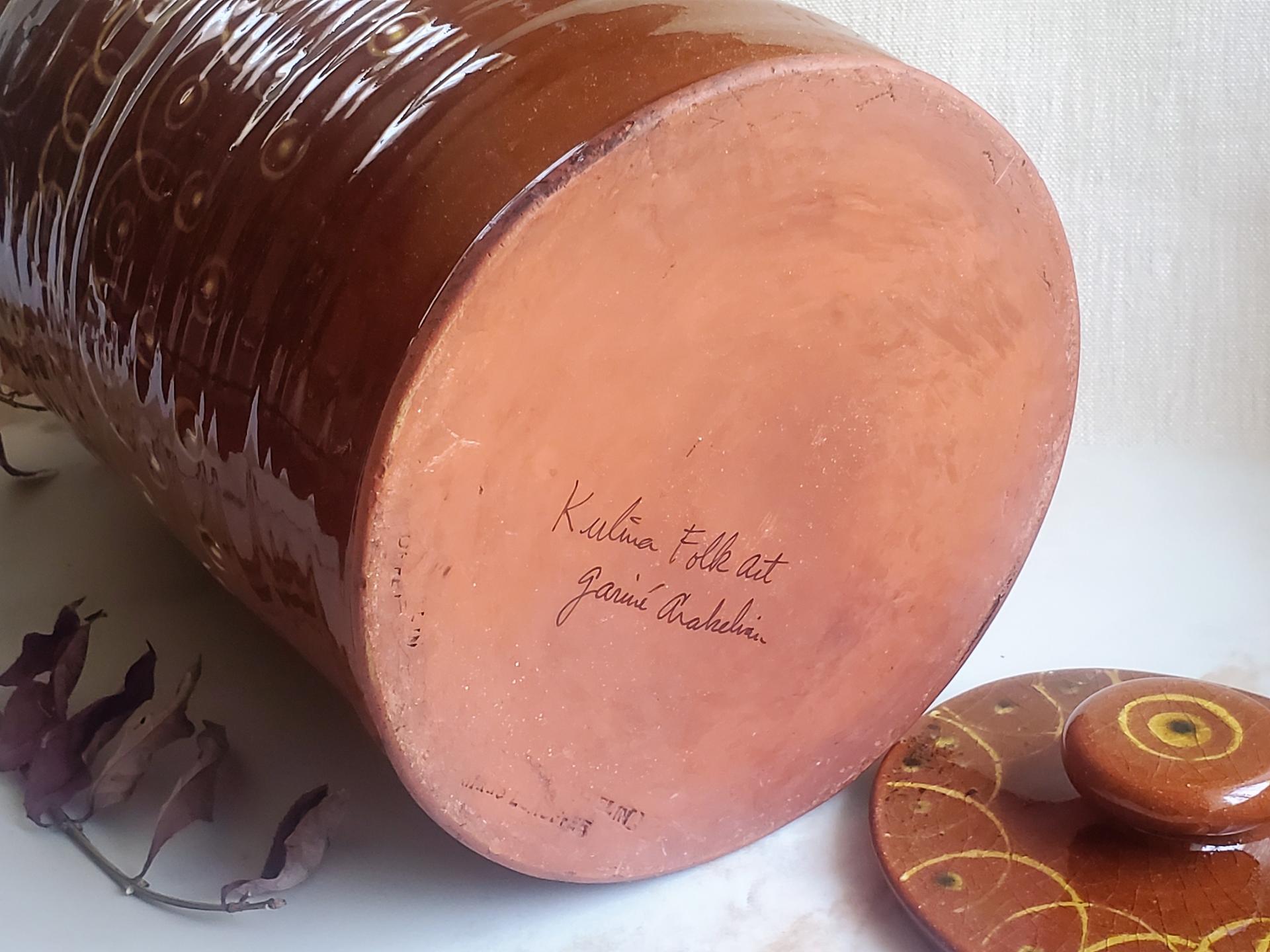 Redware 13 inch Jar with Stamped Pattern and Lead Free Glaze