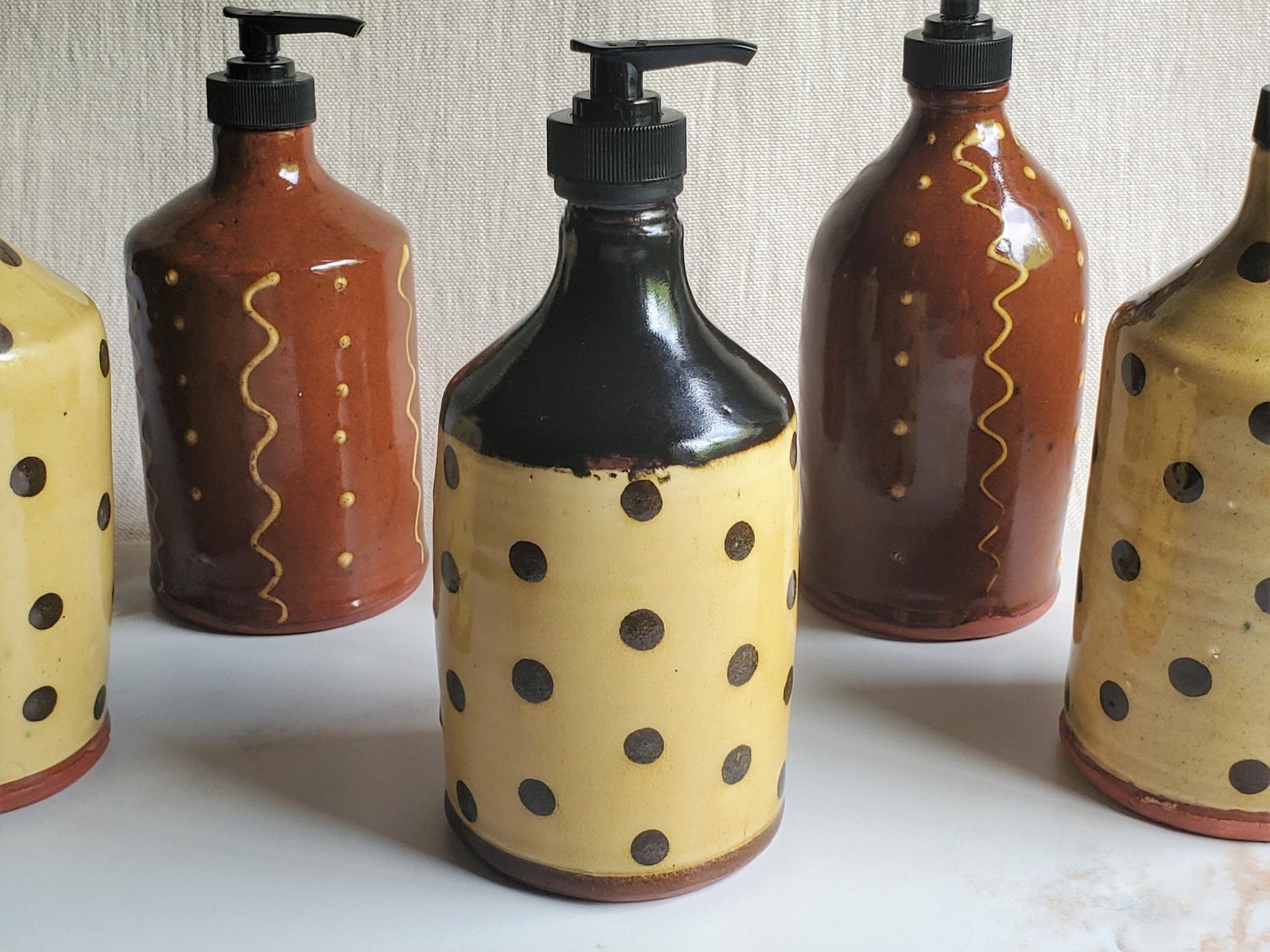 Redware Soap or Lotion Dispenser Bottle with Black Dots (a)
