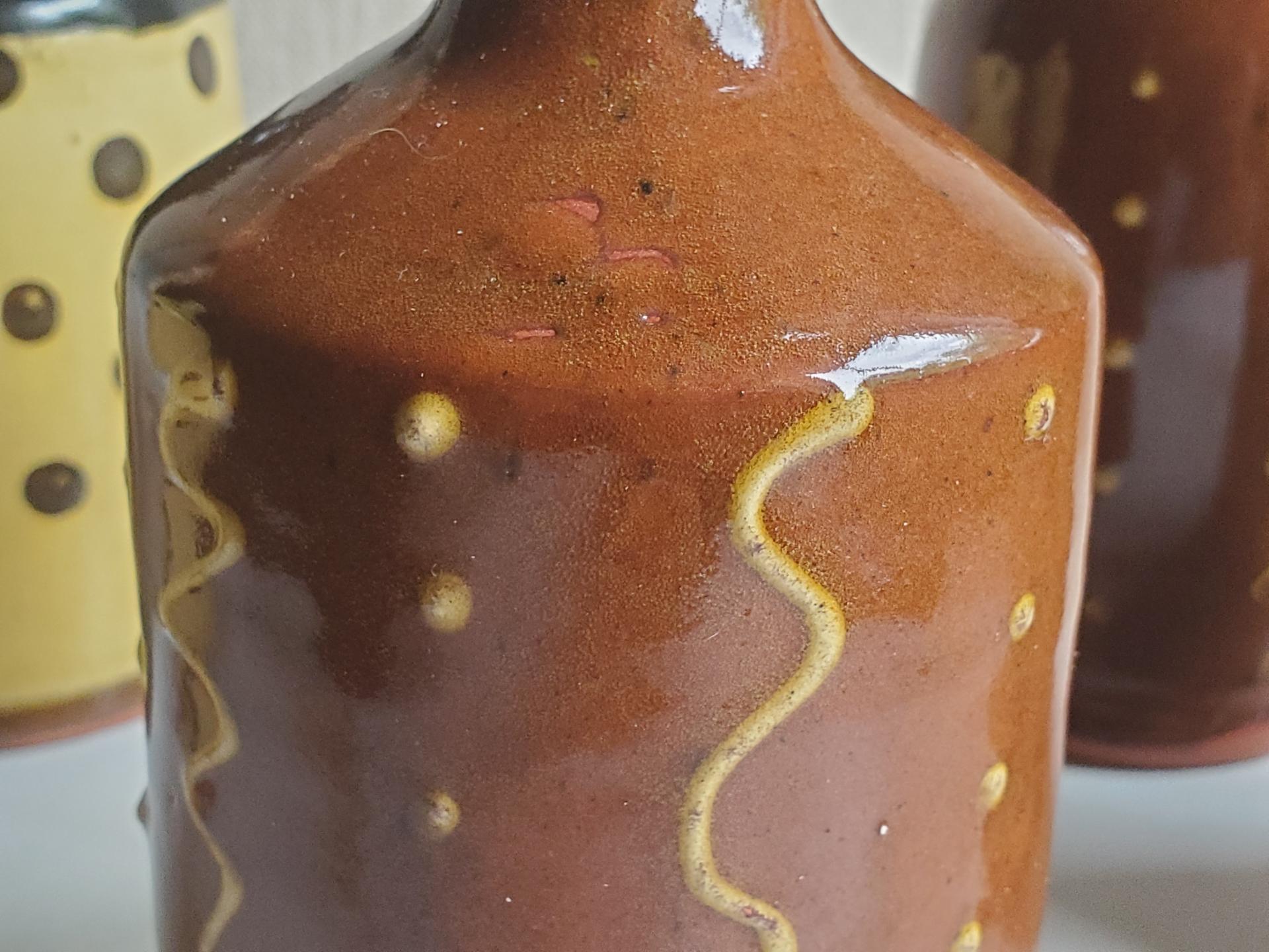 Redware Soap/Lotion Dispenser Bottle with Squiggles & Dots Decoration (a)