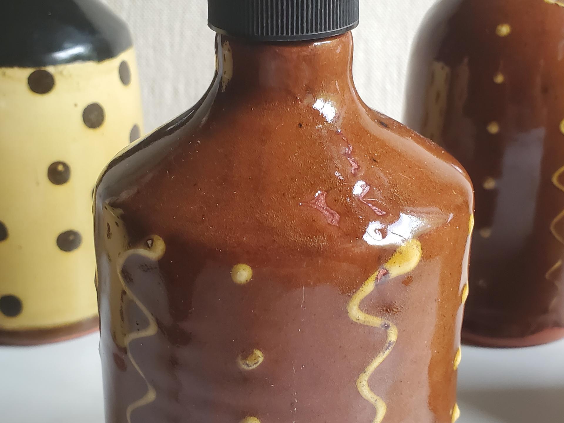 Redware Soap/Lotion Dispenser Bottle with Squiggles & Dots Decoration (a)