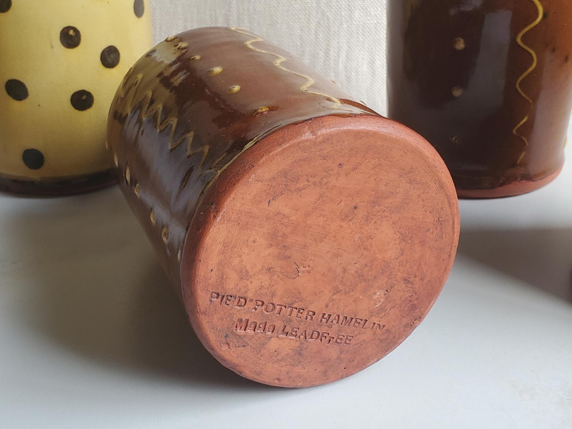 Redware Soap/Lotion Dispenser Bottle with Squiggles & Dots Decoration (a)