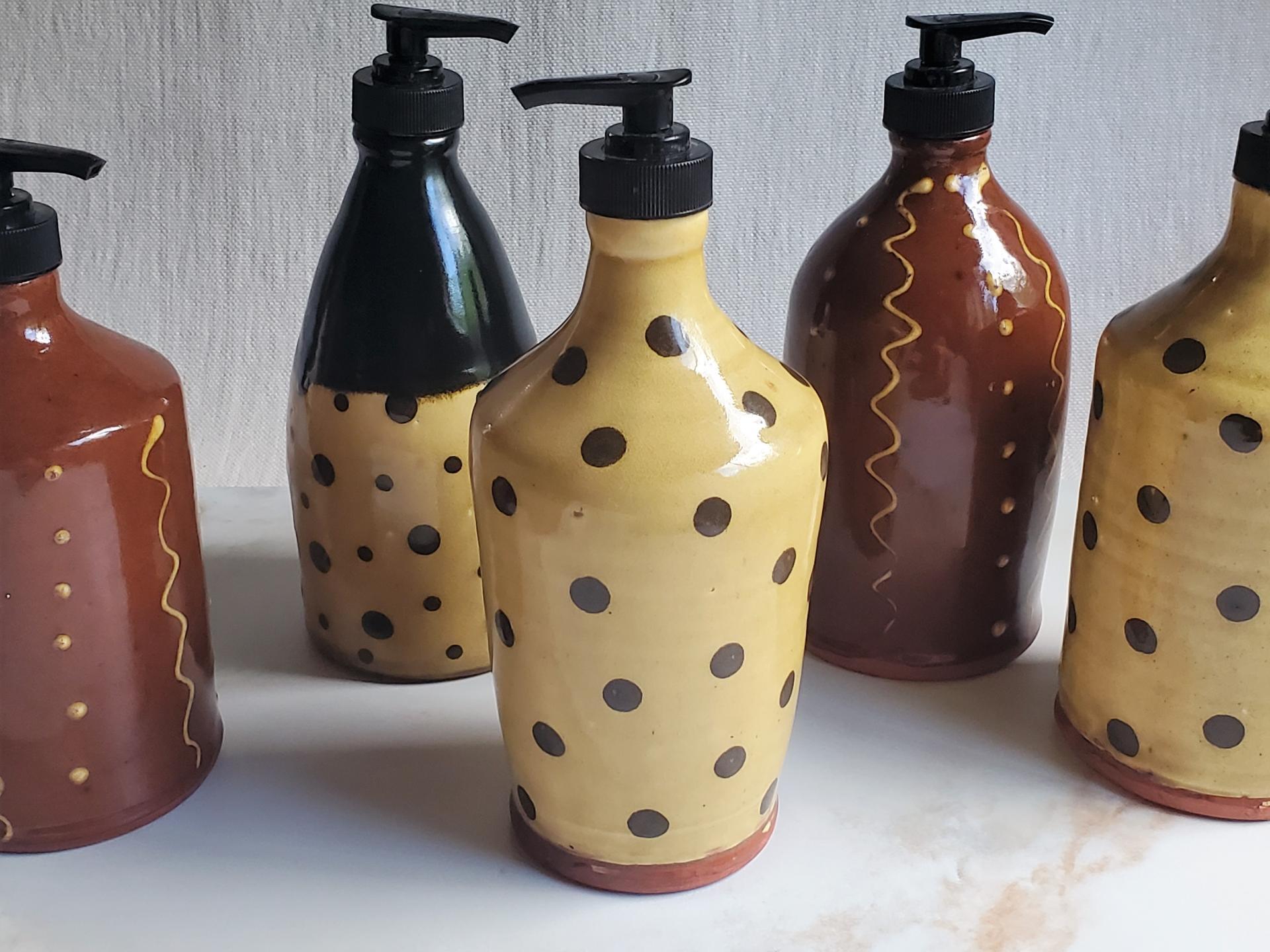 Redware Soap or Lotion Dispenser Bottle with Black Dots (b)