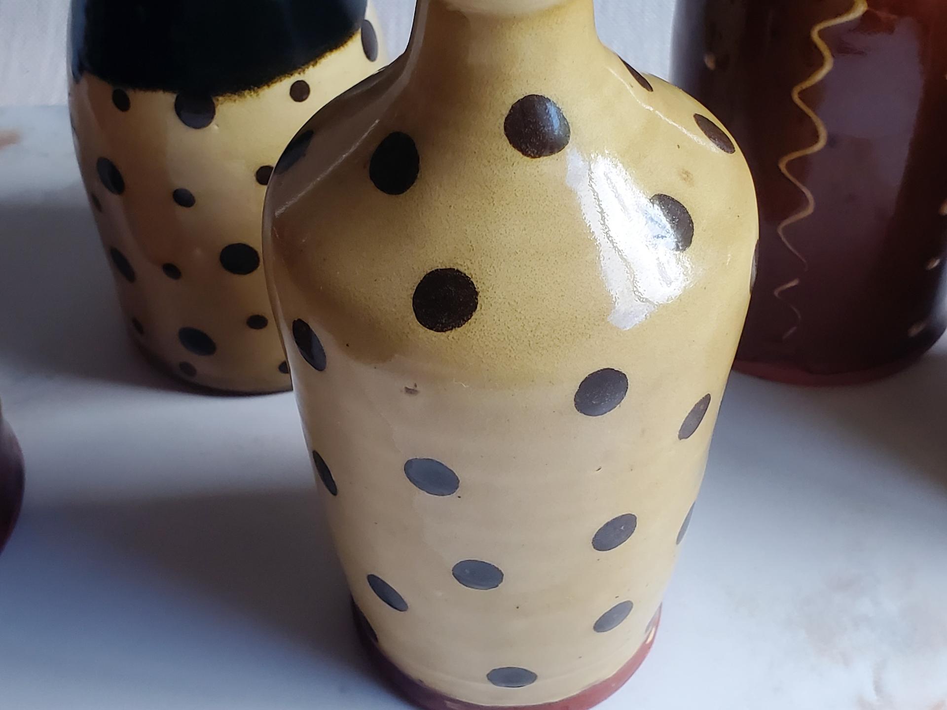 Redware Soap or Lotion Dispenser Bottle with Black Dots (b)