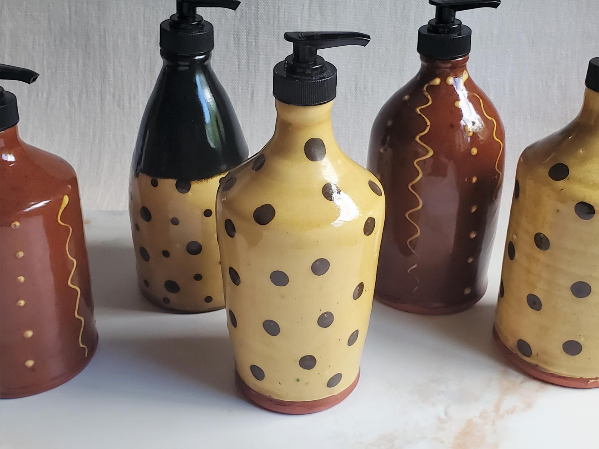 Redware Soap or Lotion Dispenser Bottle with Black Polka Dots