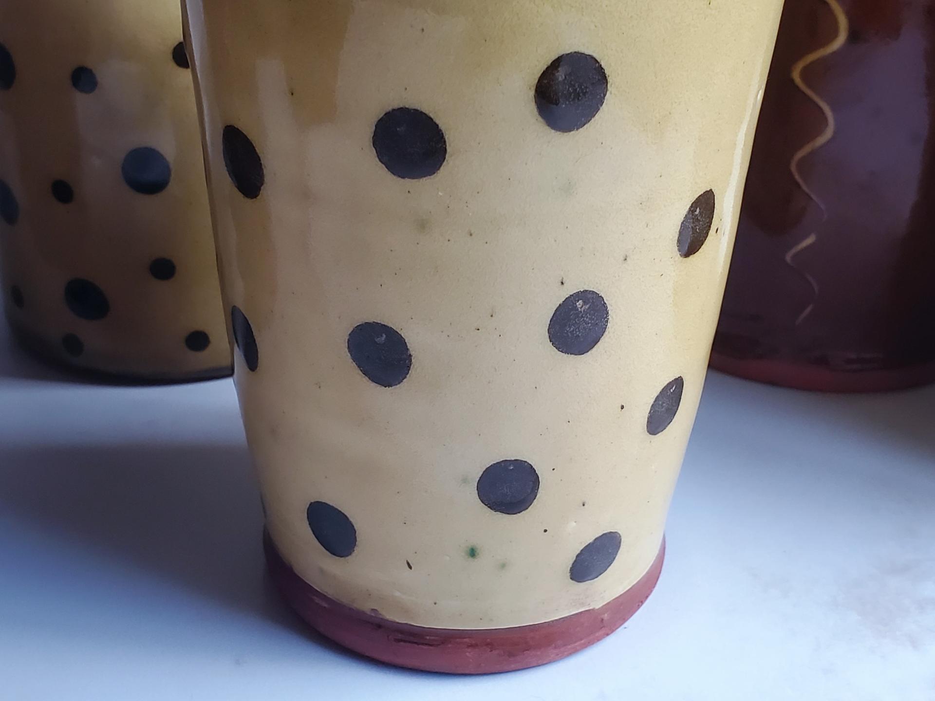 Redware Soap or Lotion Dispenser Bottle with Black Dots (b)