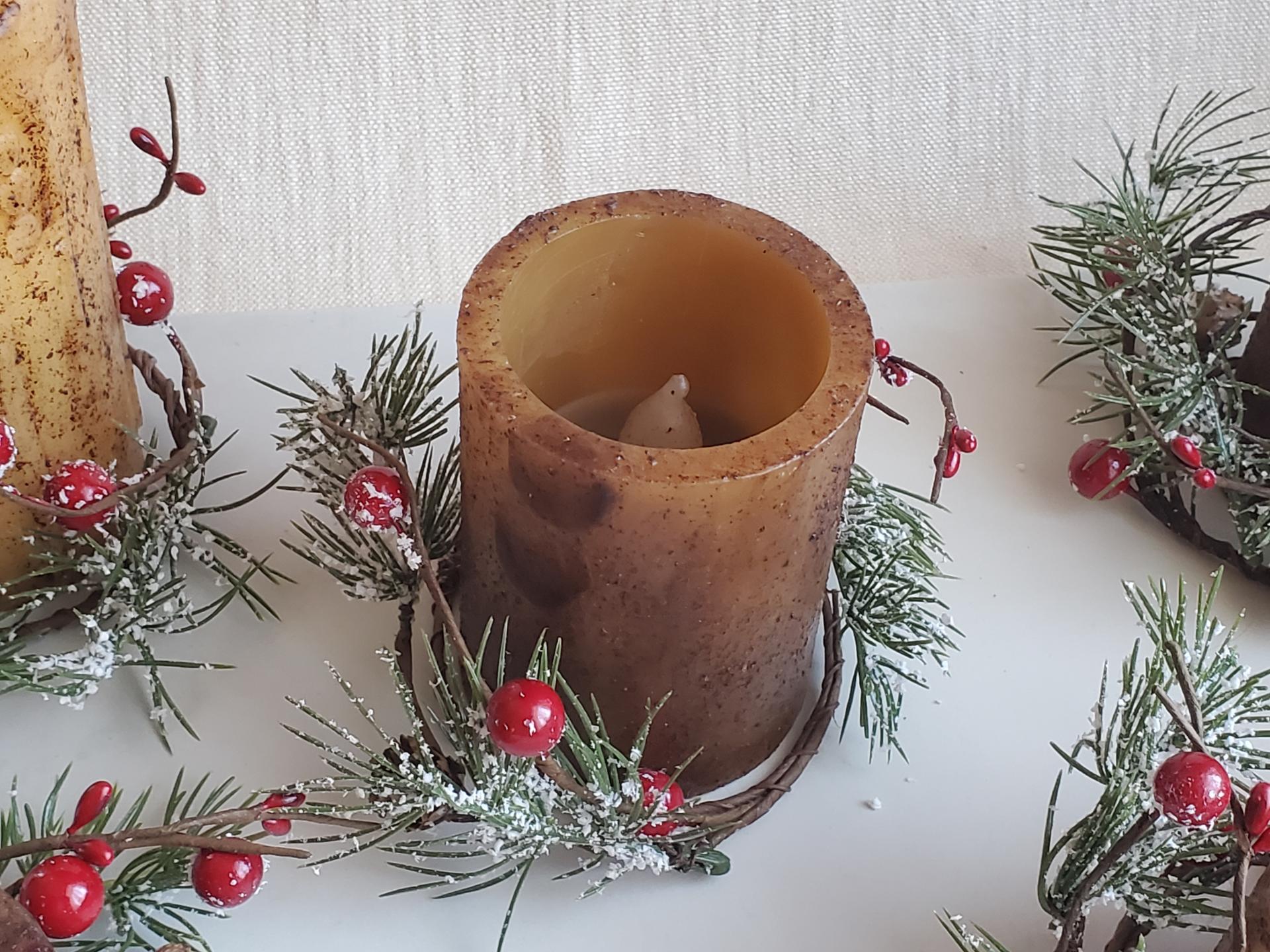 Farmhouse Christmas Decor - Timer Burnt Mustard Candle with Snowy Pine & Berry Ring