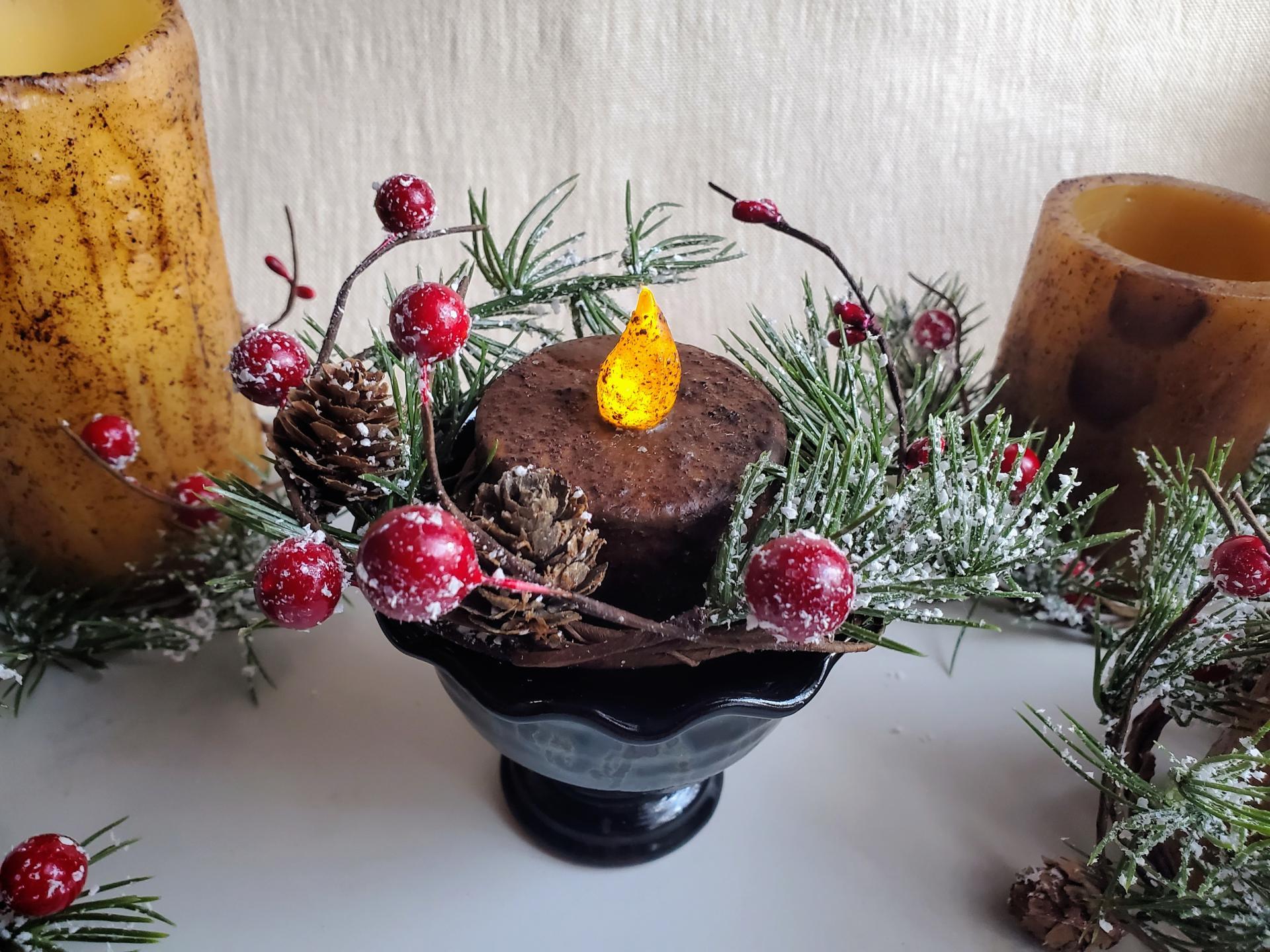Burnt Mustard BOC Pillar, Snowy Pine & Red Berries Ring in Redware Footed Bowl, Black Glaze