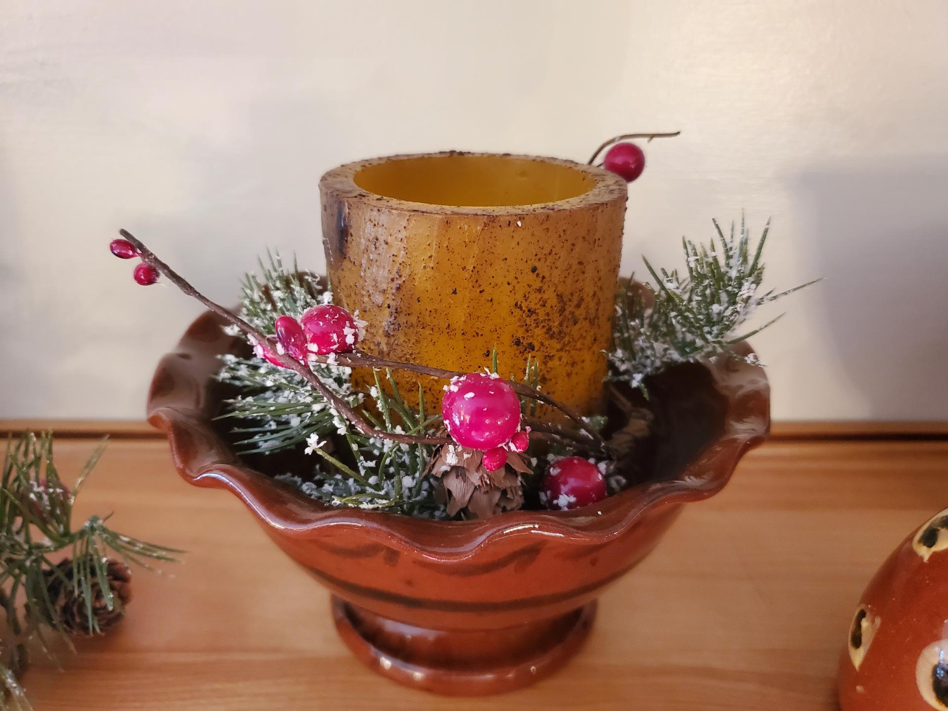 Redware Footed Bowl Black Pattern - Burnt Mustard BOC Timer Pillar - Red Berries Candle Ring
