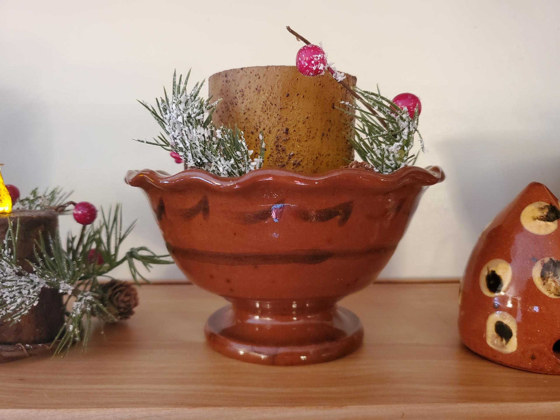 Redware Footed Bowl Black Pattern - Burnt Mustard BOC Timer Pillar - Red Berries Candle Ring