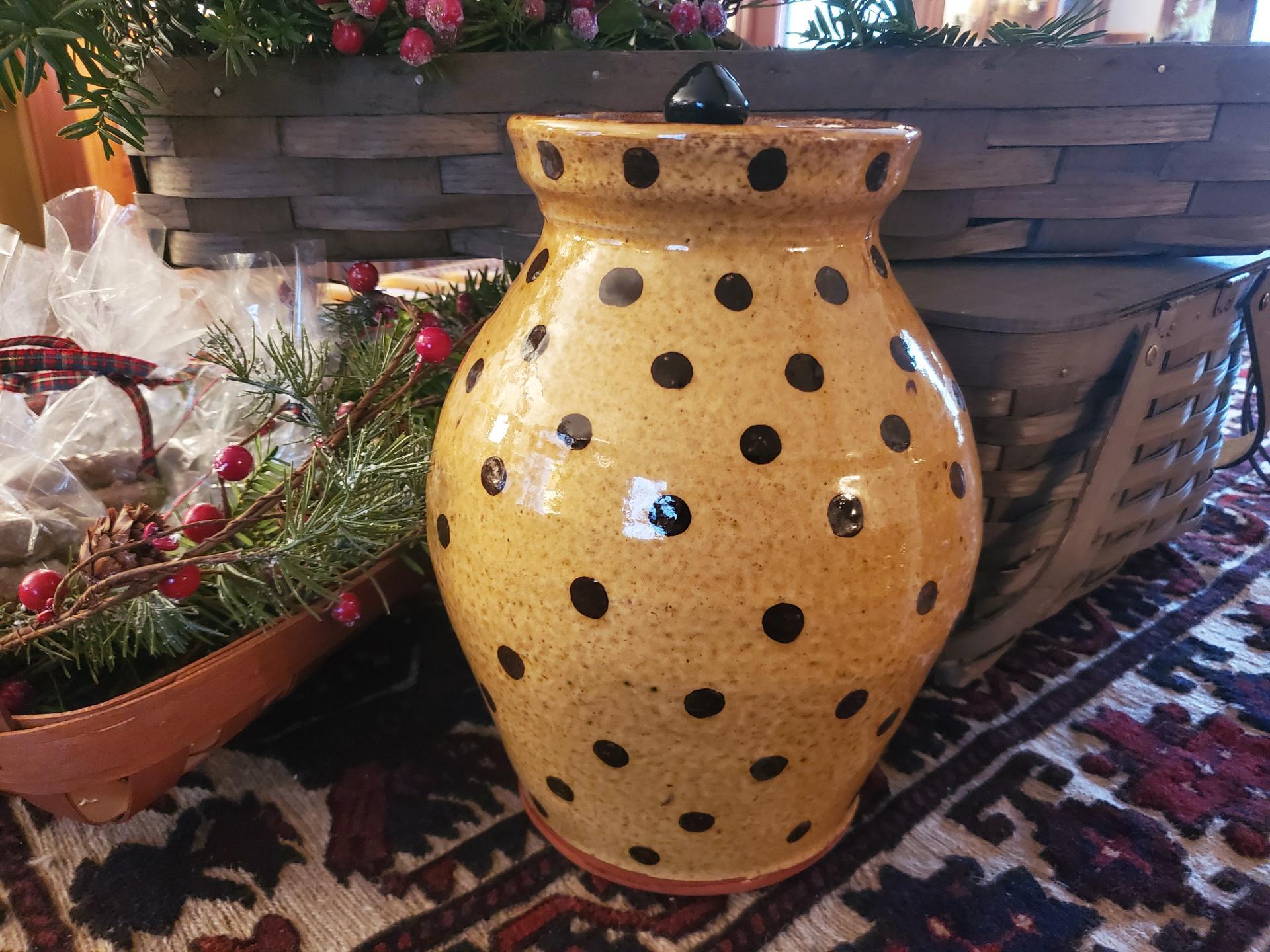 Custom Order Kulina Folk Art Redware 10 in Jar with Black Polka Dots Pattern