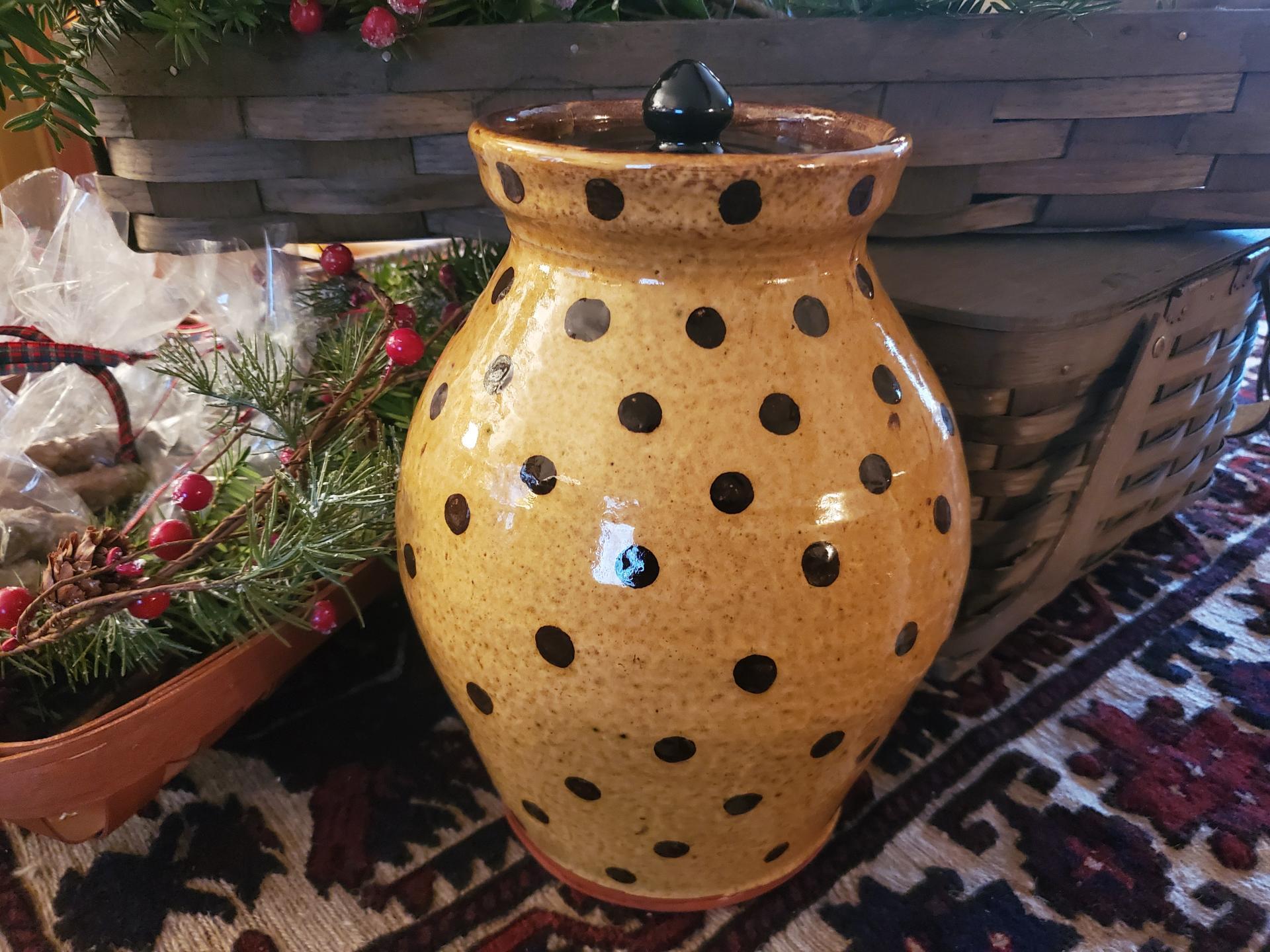Custom Order Kulina Folk Art Redware 10 in Jar with Black Polka Dots Pattern