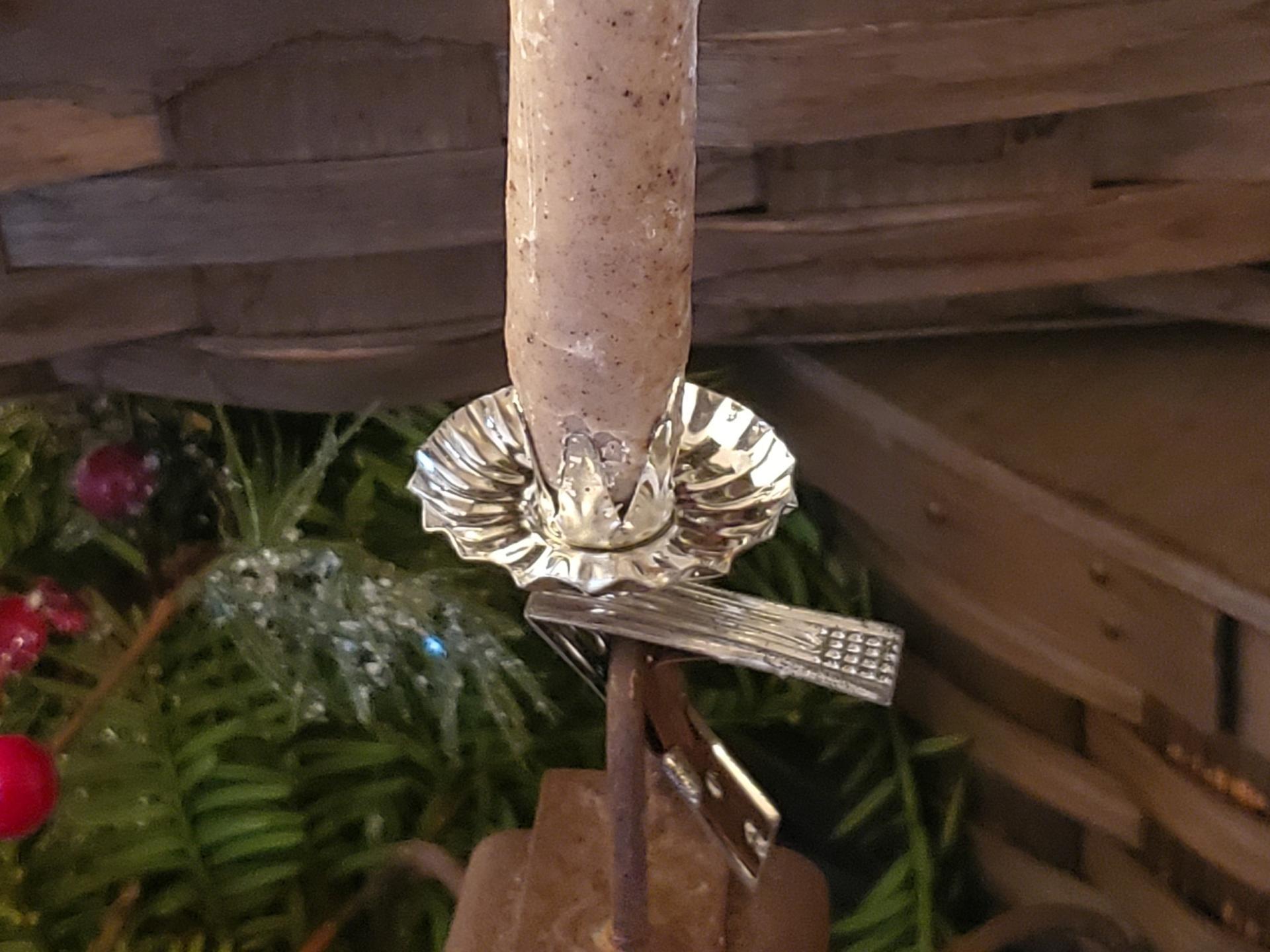 Pressed Tin Christmas Tree Candleholder Clip & Primitive Taper