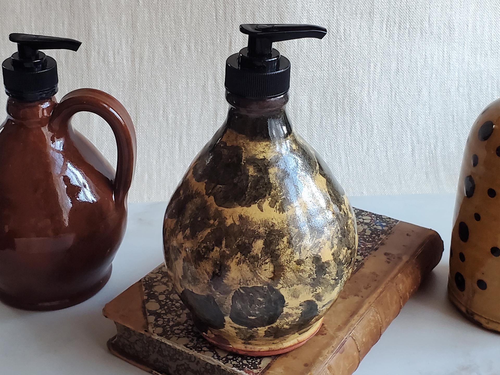 Redware Soap or Lotion Dispenser Bottle with Black Dapples