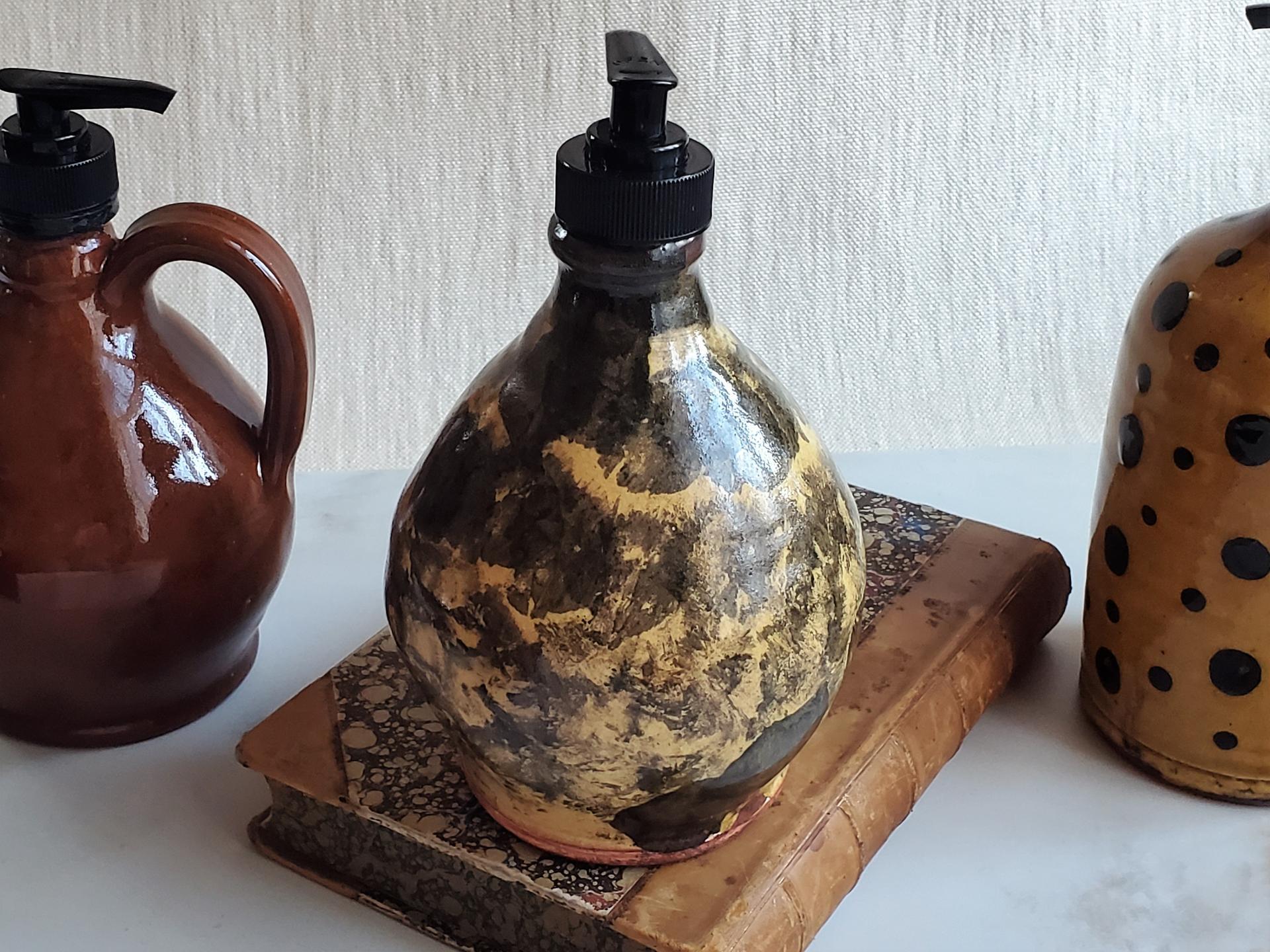 Redware Soap or Lotion Dispenser Bottle with Black Dapples