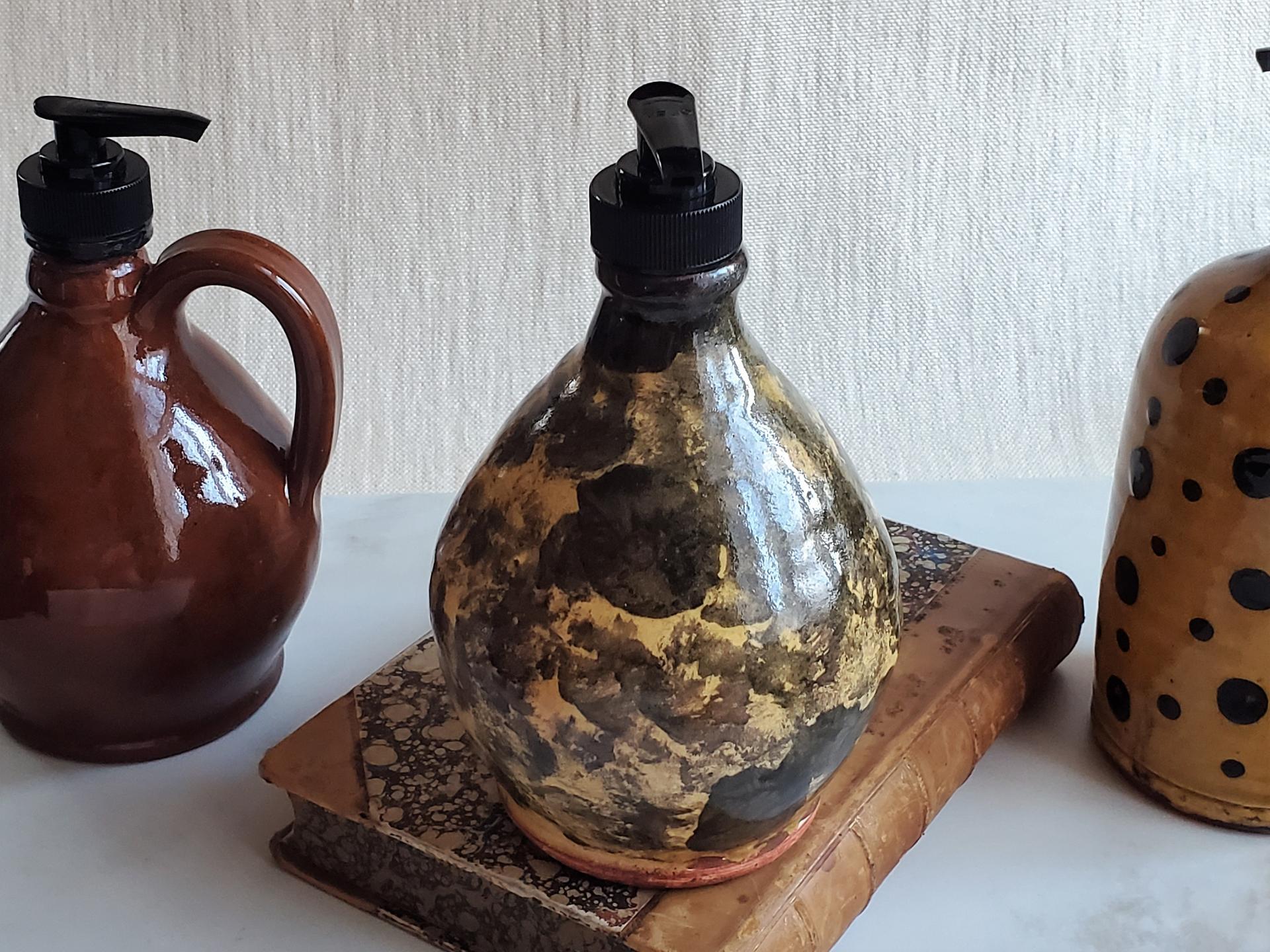 Redware Soap or Lotion Dispenser Bottle with Black Dapples
