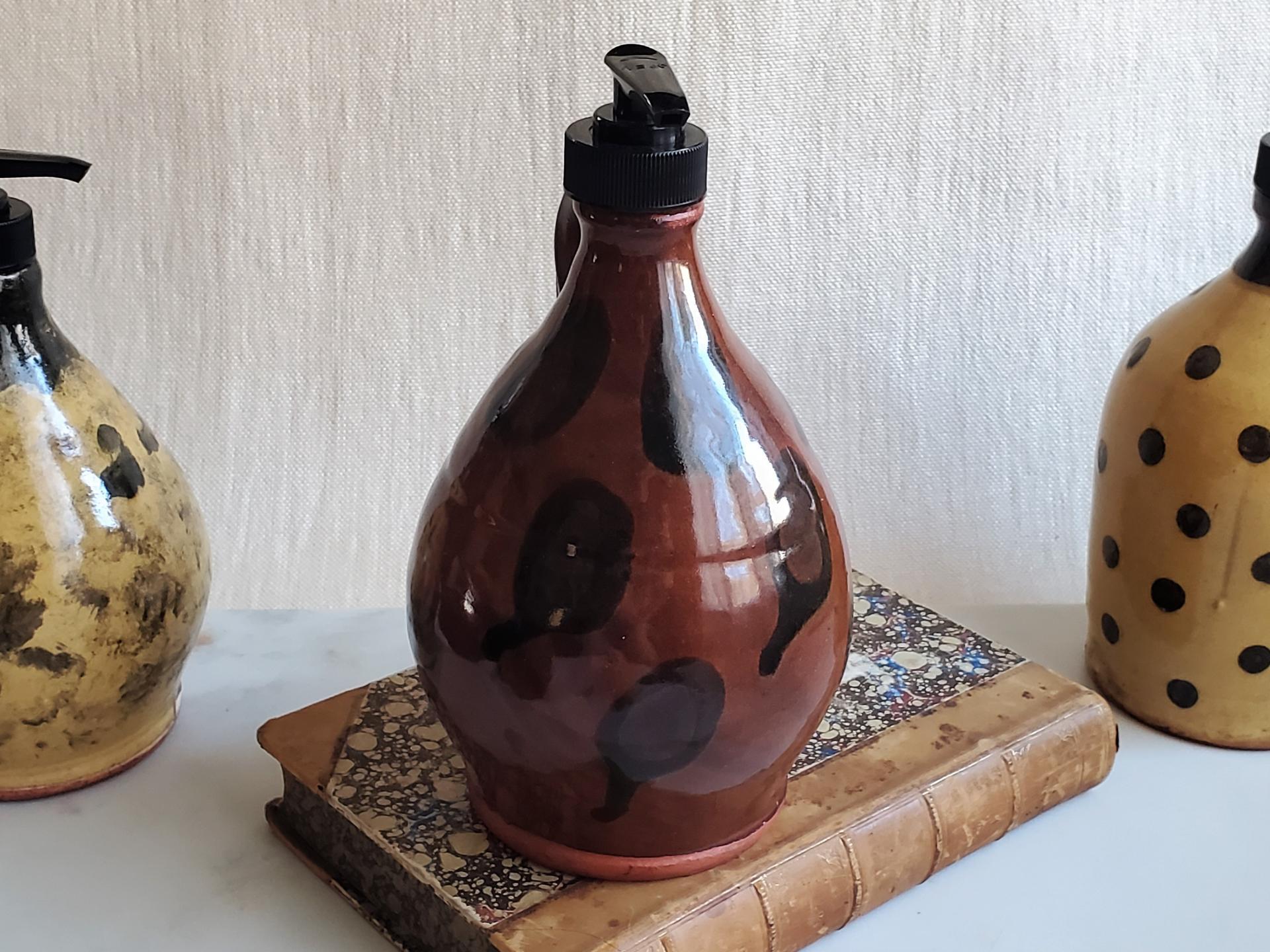 Redware Soap/Lotion Dispenser with Black Dapples