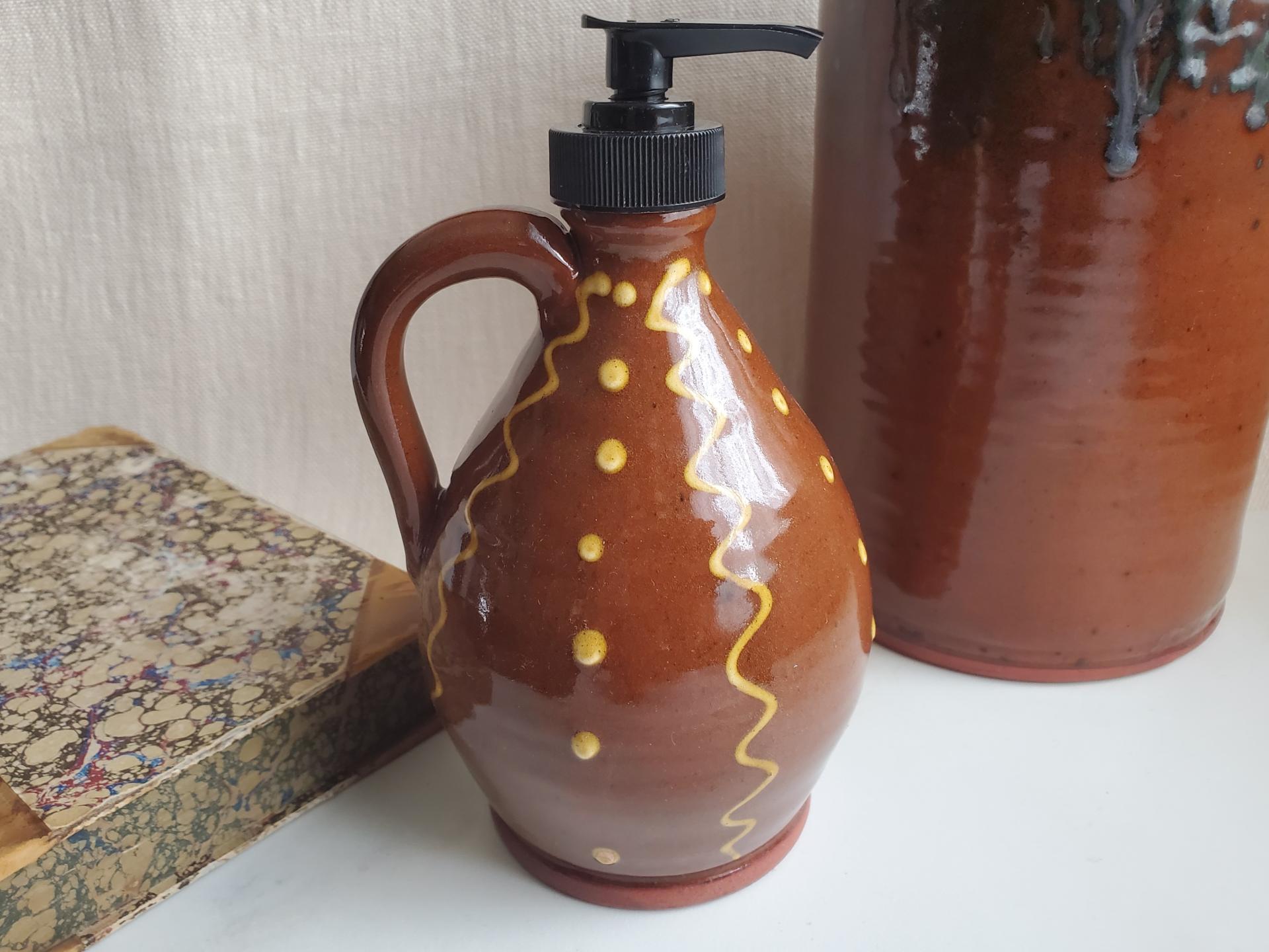 Redware Soap/Lotion Dispenser with Squiggles & Dots Decoration (a)