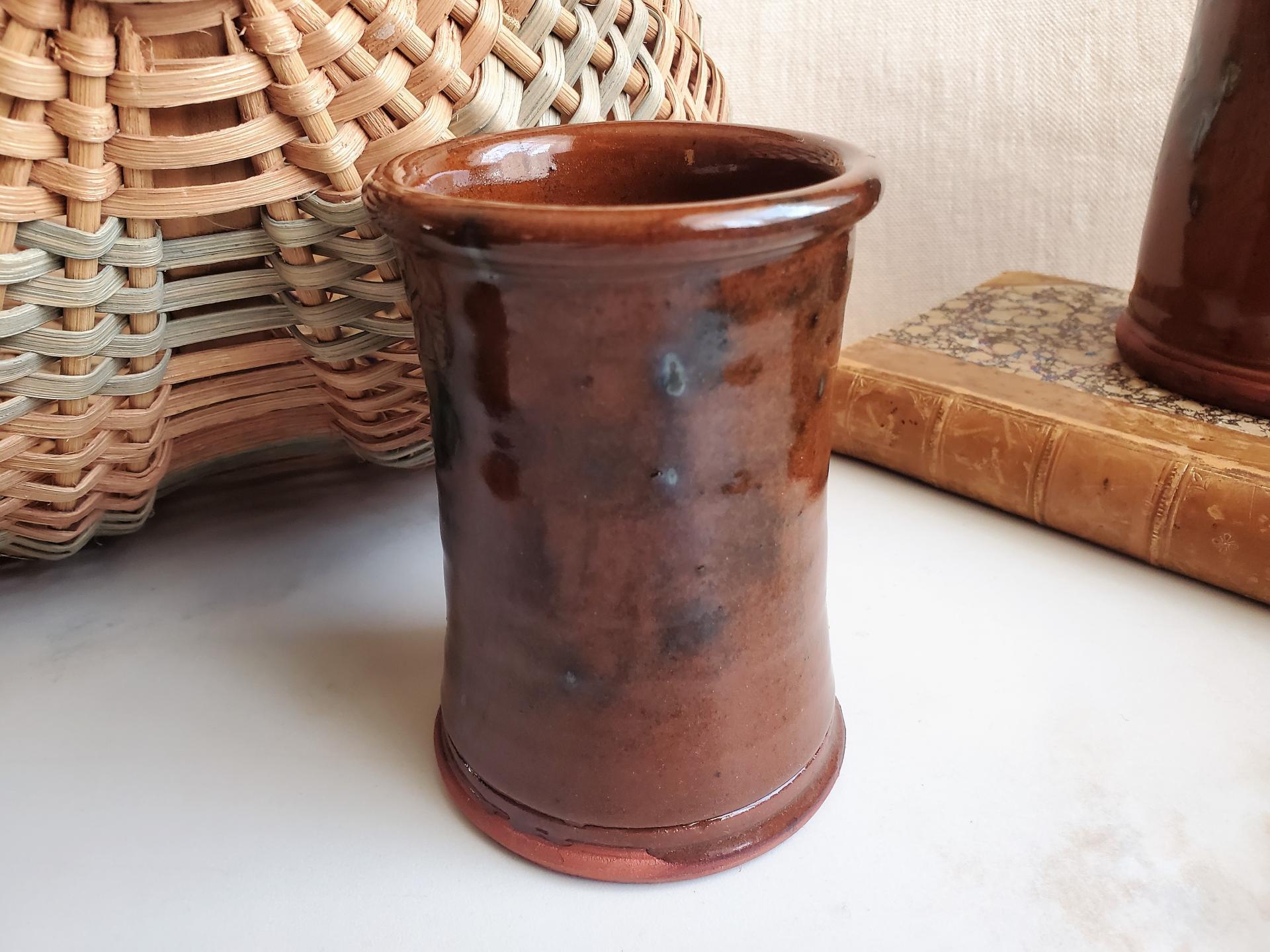 Small Redware Utensil Jar with Spangles, 4.50" Tall, Handmade