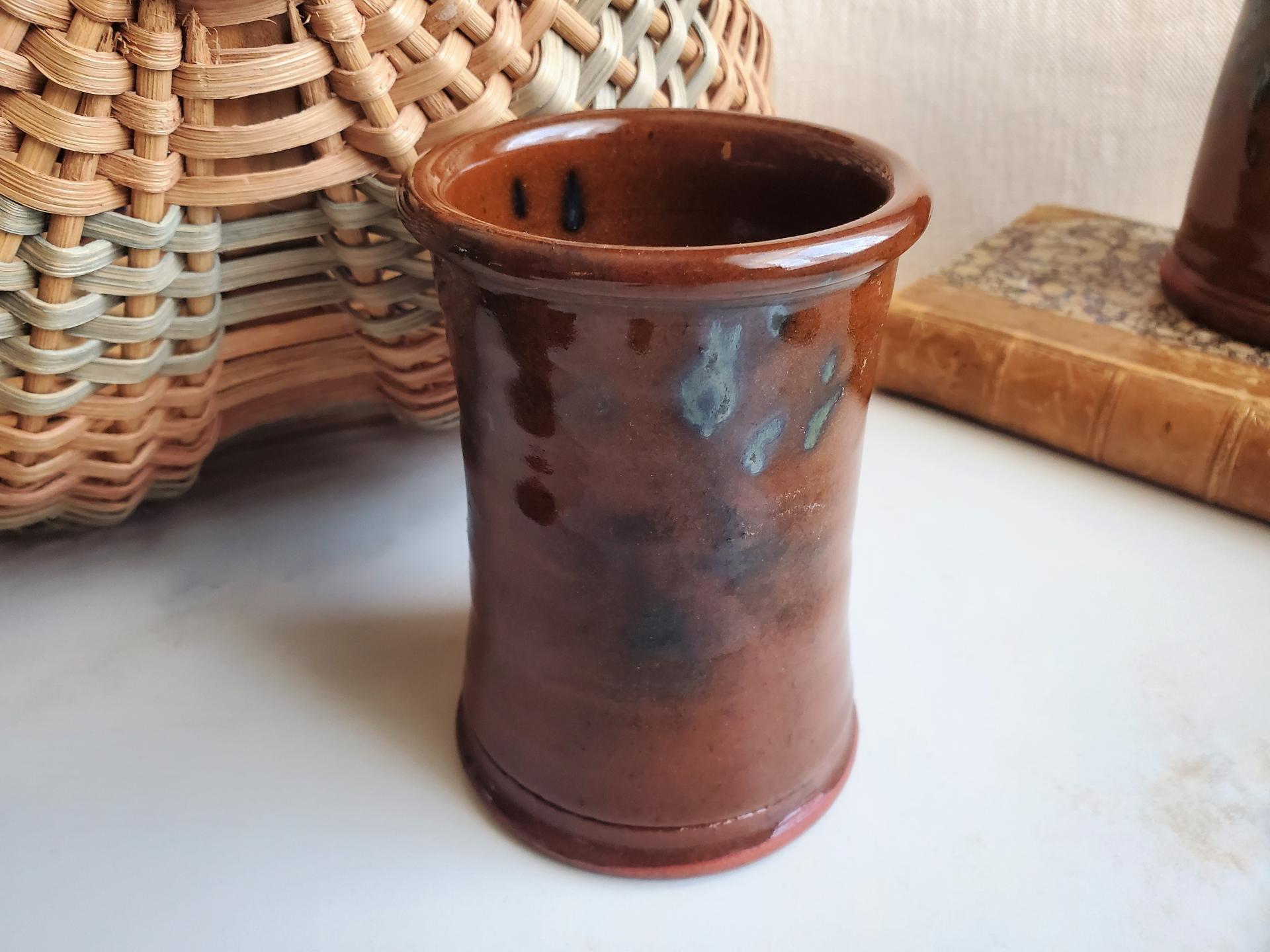 Small Redware Utensil Jar with Spangles, 4.50" Tall, Handmade