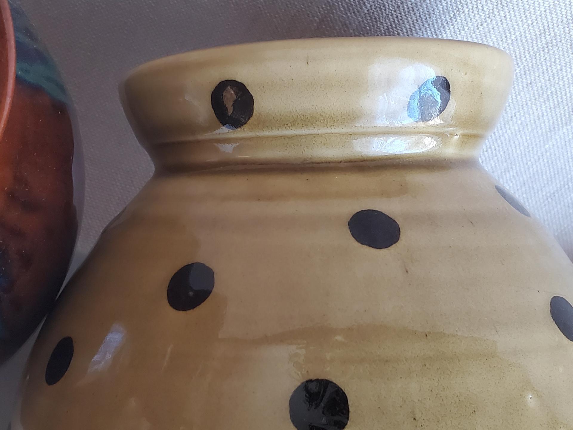 Large Redware 10 in Jar with Black Polka Dot Decoration