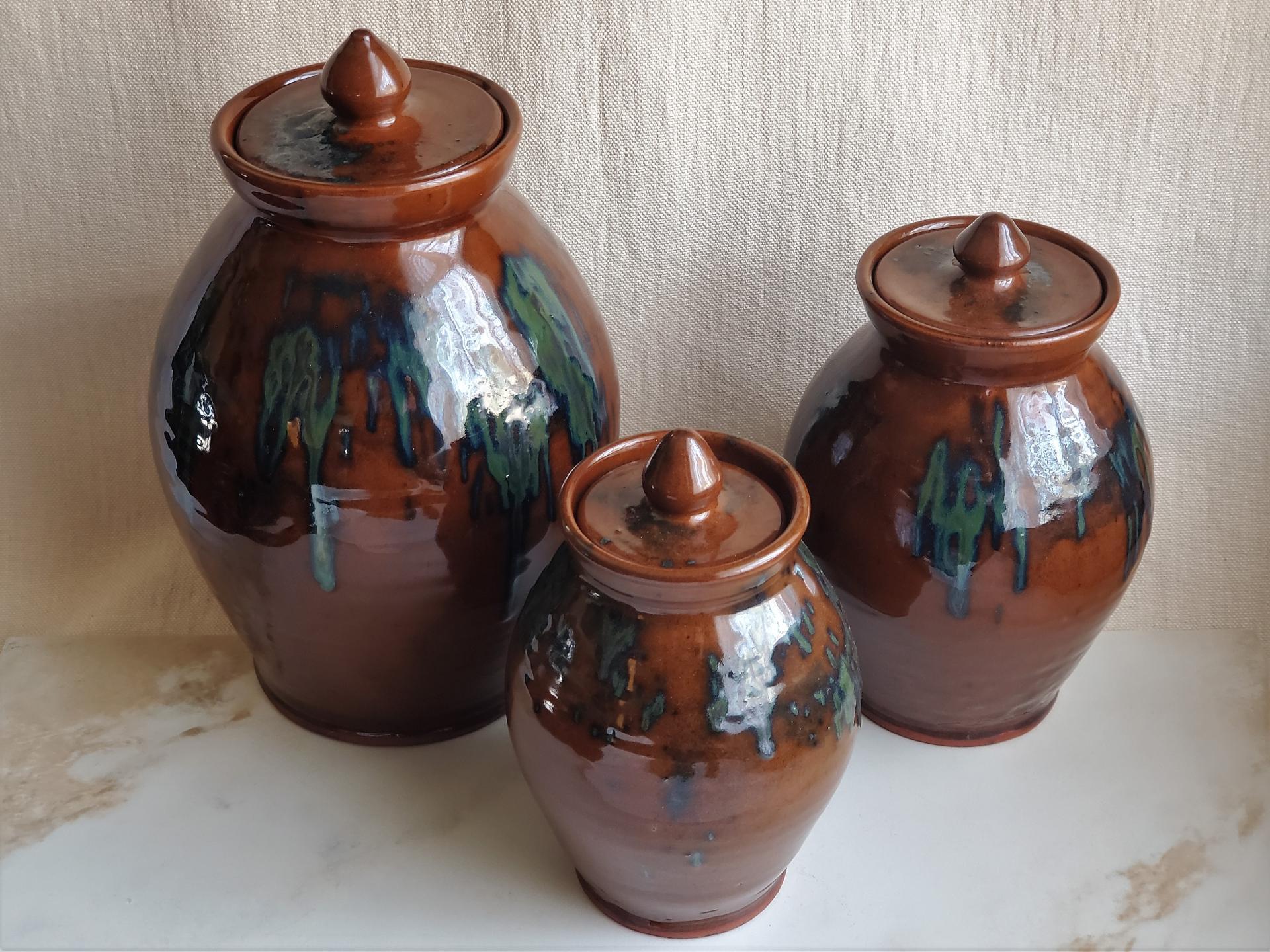 Redware 3 Jar/Canister Set with Acorn Knobs - Handcrafted by Rick of Pied Potter Hamelin